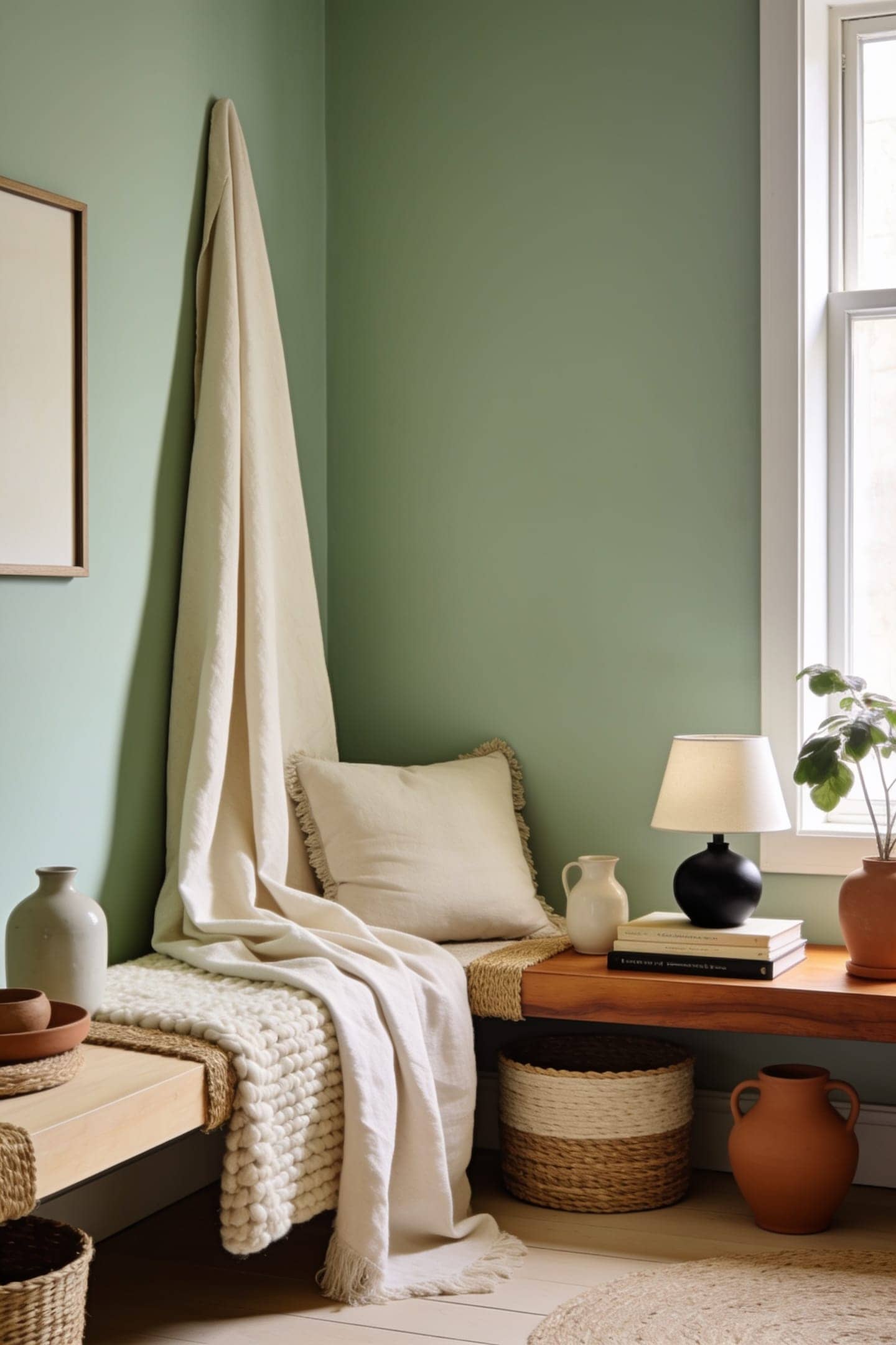 cream linen against sage wall