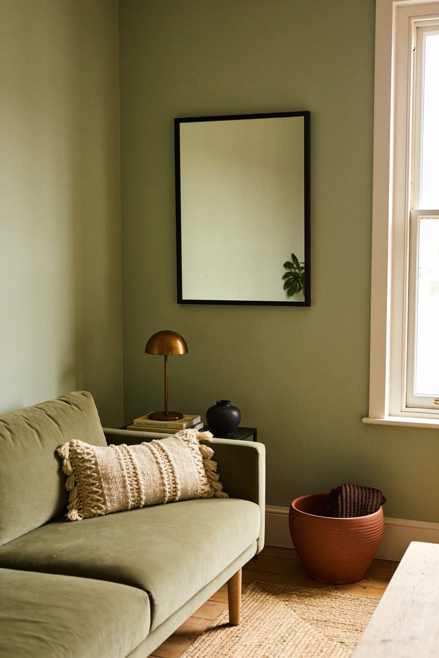 black framed mirror sage wall