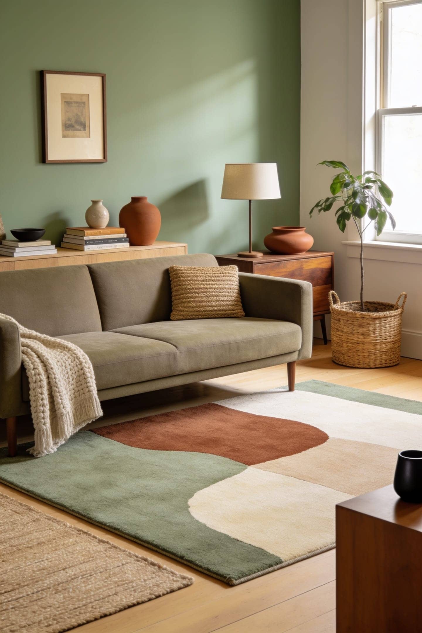 muted abstract rug sage scheme