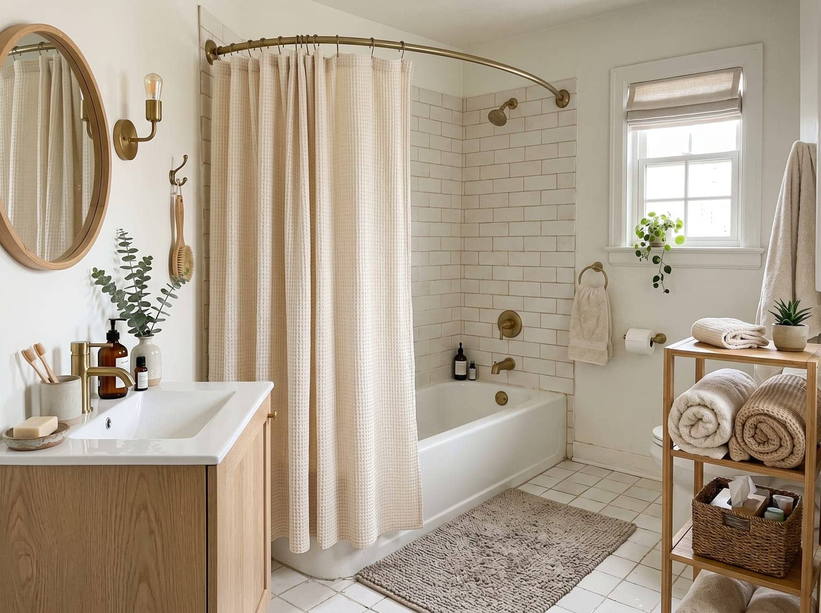 small rental bathroom with a fabric shower curtain, over-toilet shelf and a warm bath mat