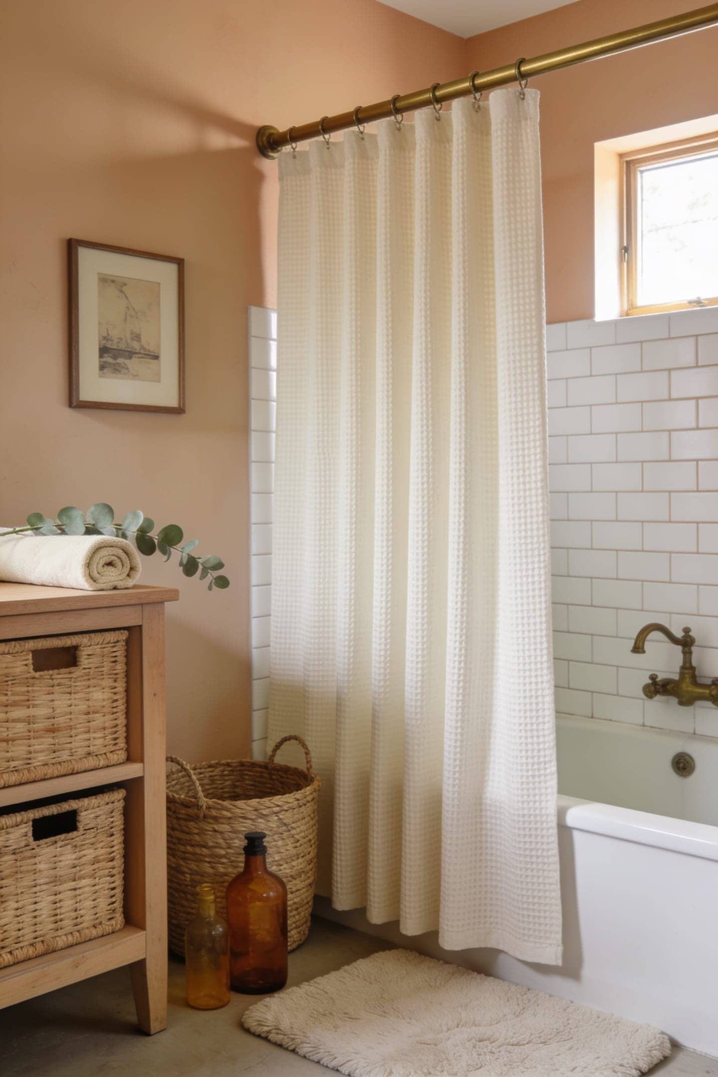 fabric shower curtain instantly upgrading a small rental bathroom