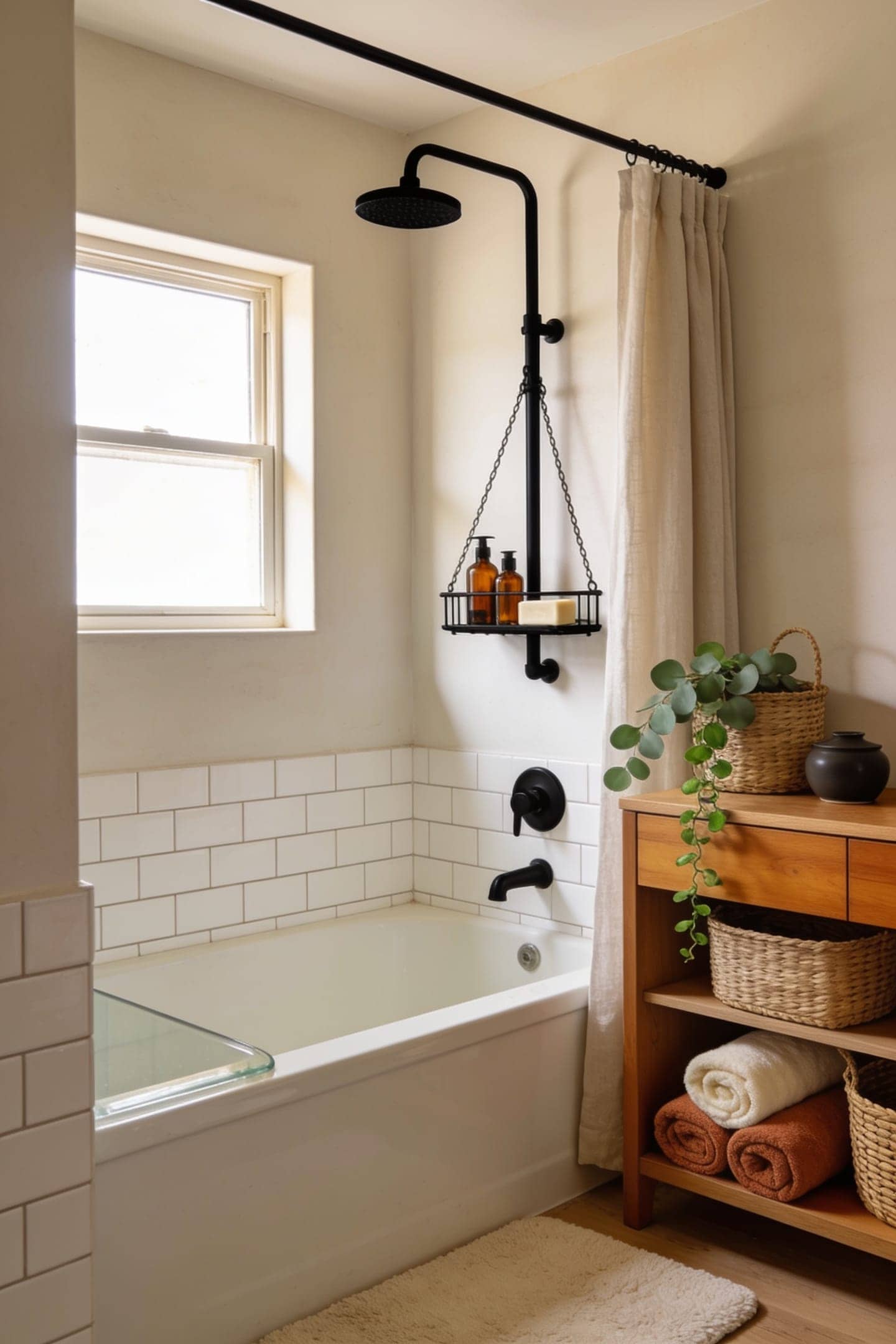 no drill shower caddy holding bottles in a small tub shower