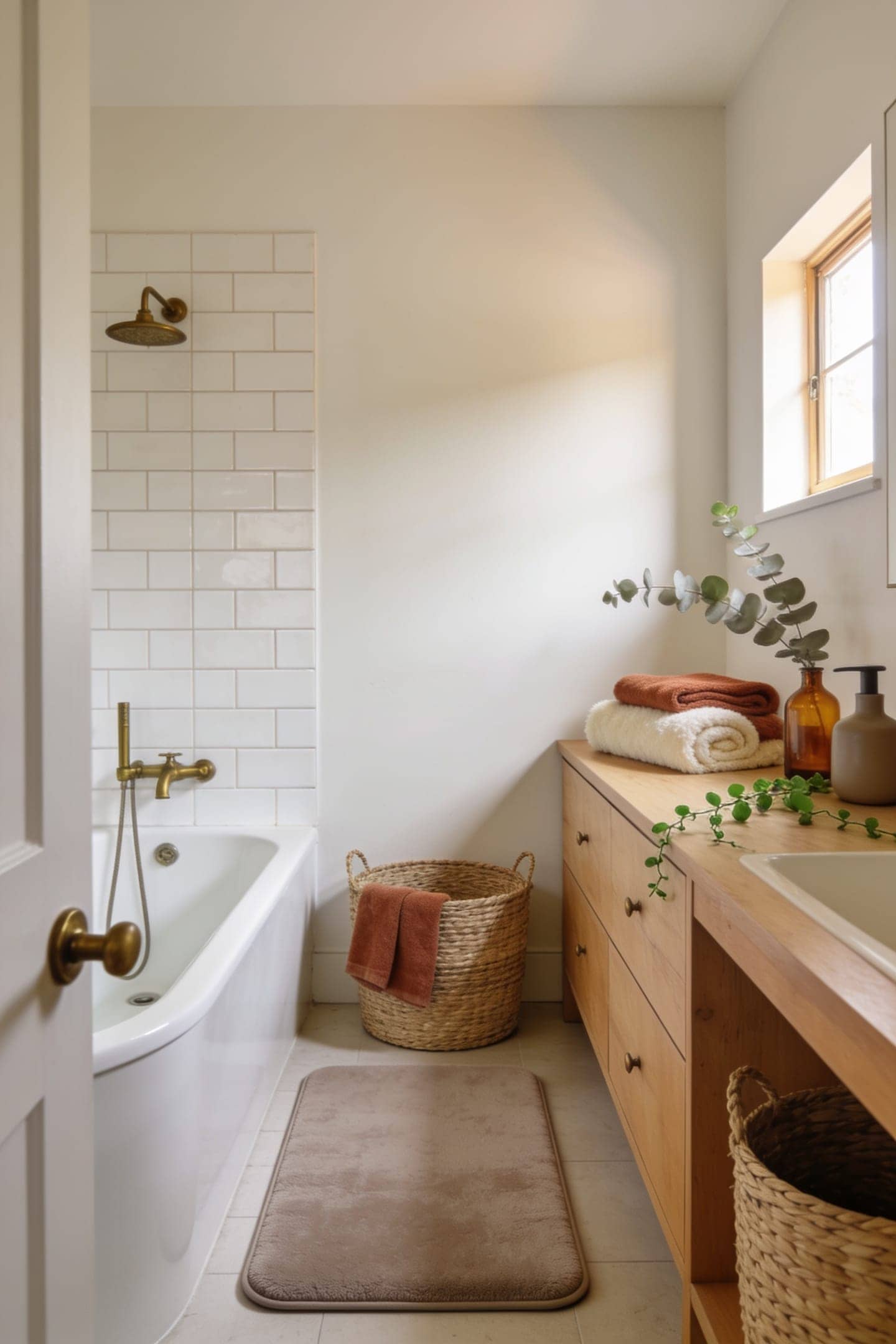 plush memory foam bath mat warming the floor of a small bathroom