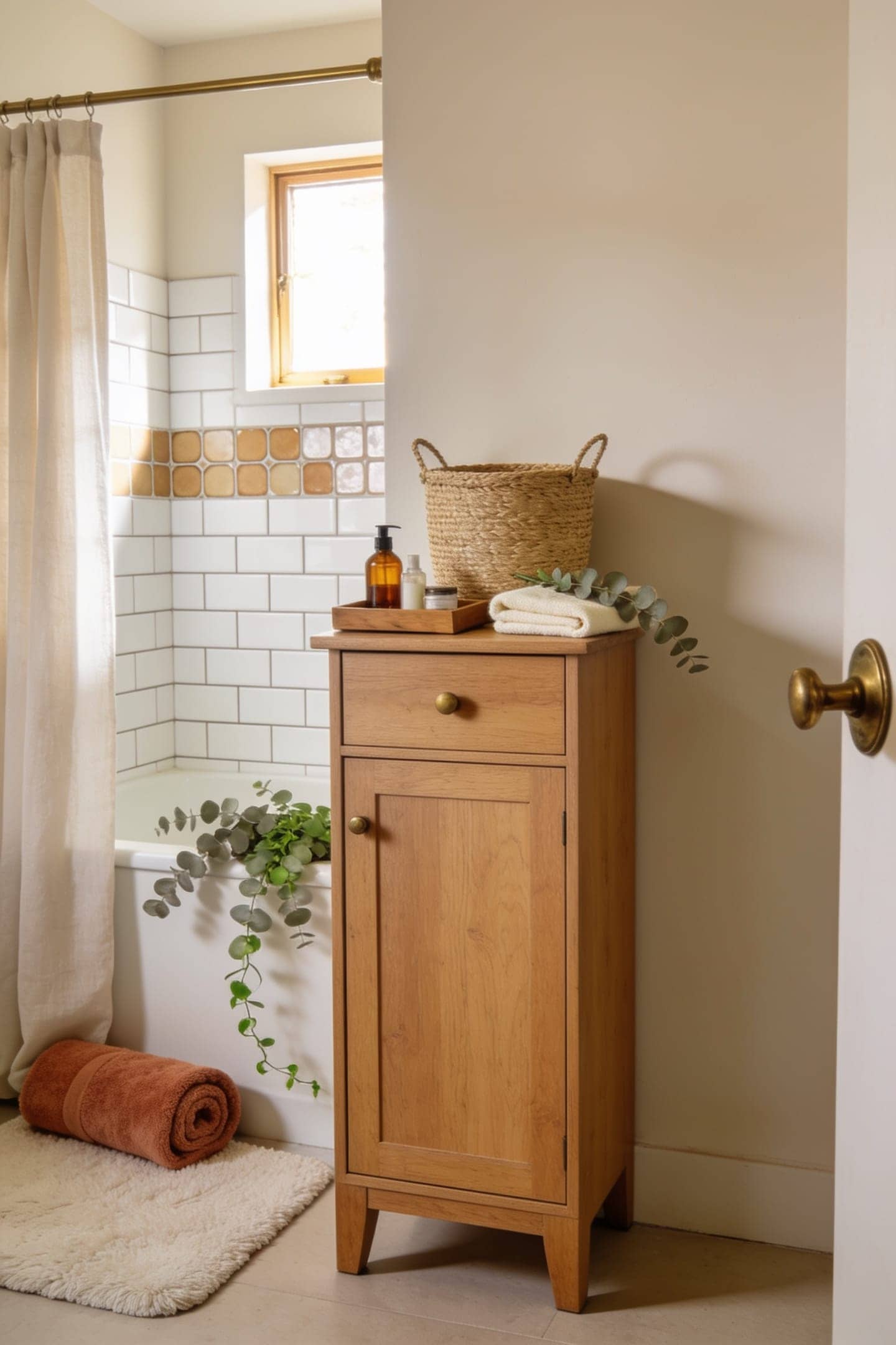 woven basket and tray organizing toiletries on a small bathroom vanity