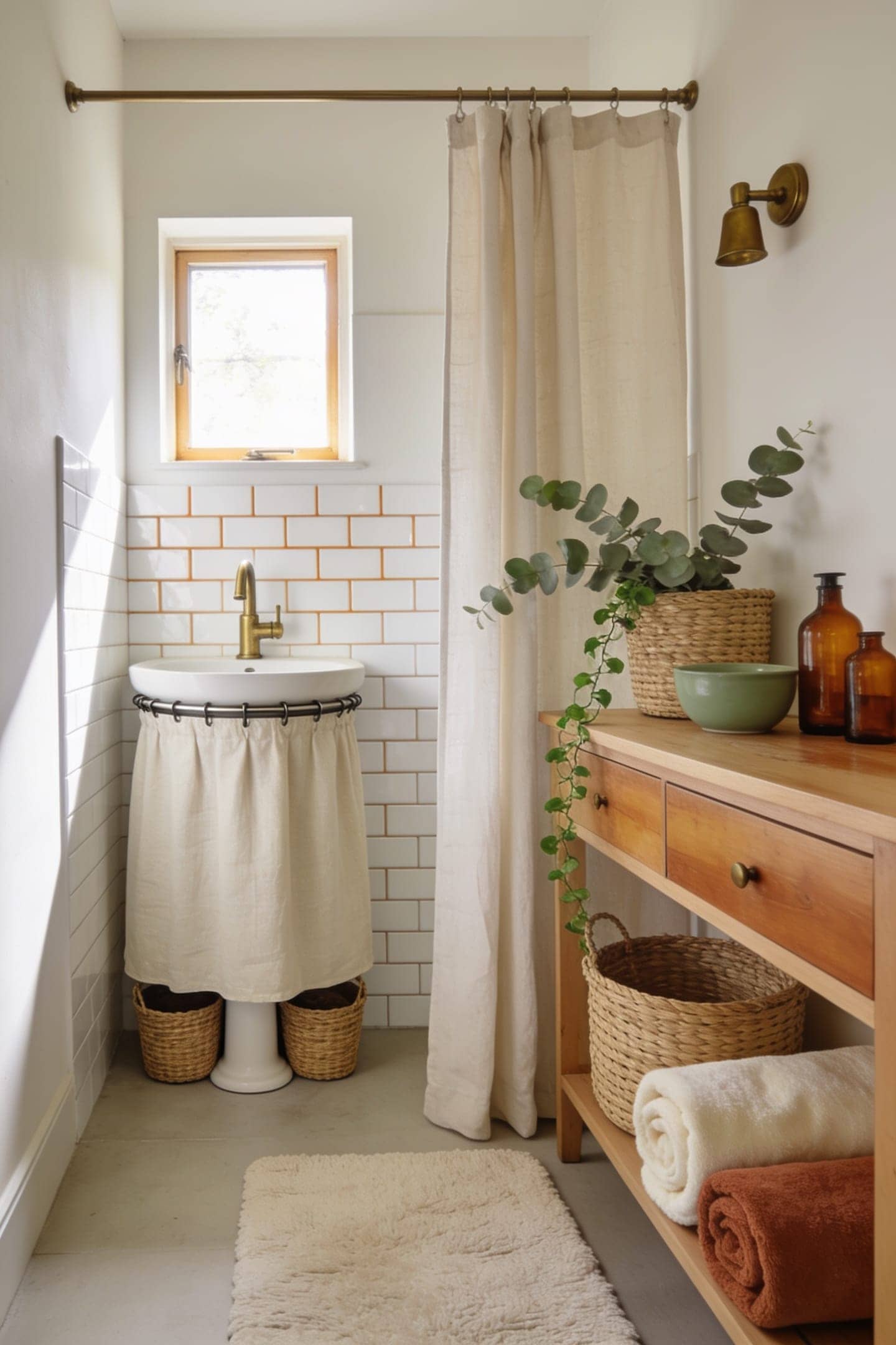 baskets and a sink skirt concealing storage under a pedestal sink