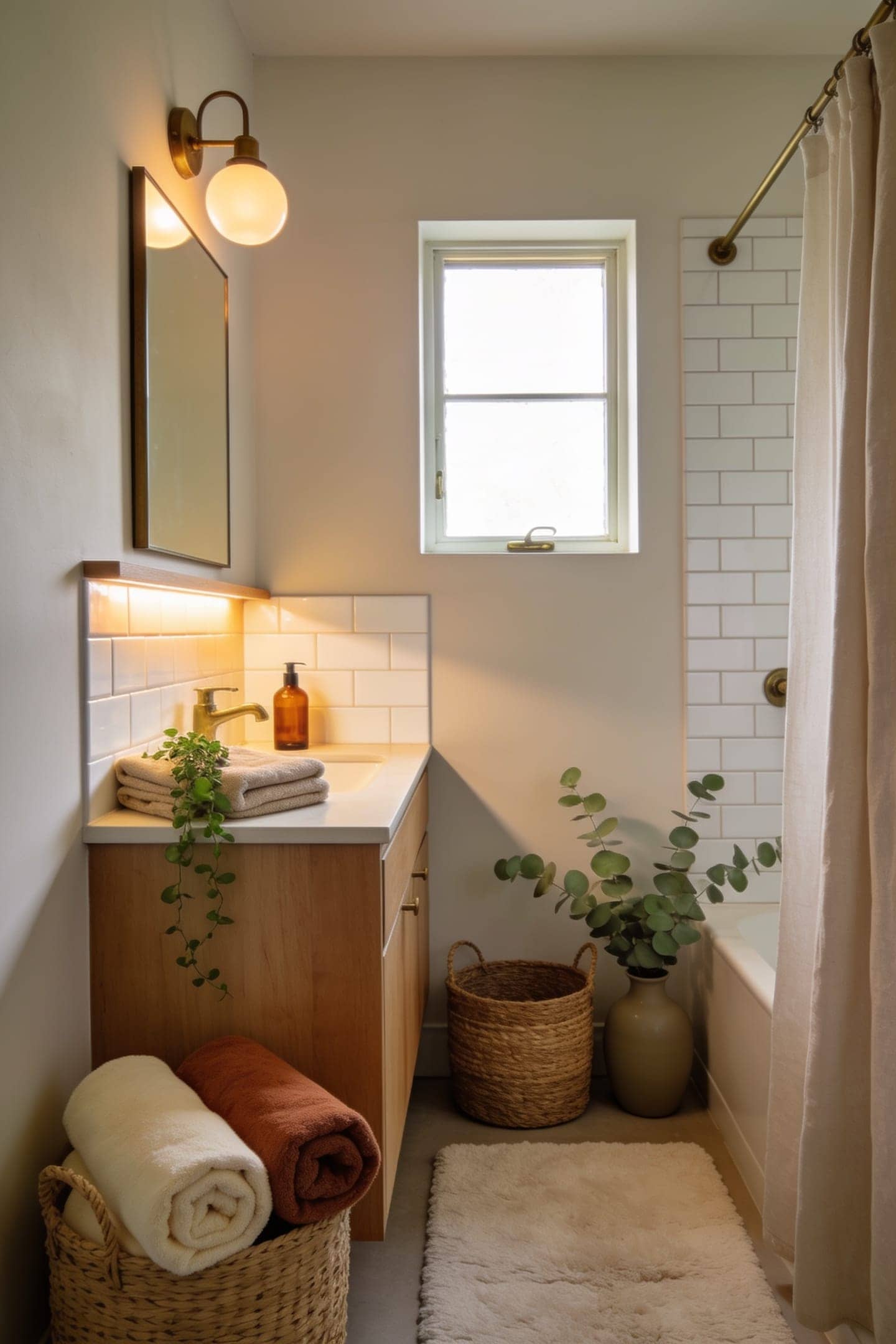 warm white light softening a small rental bathroom