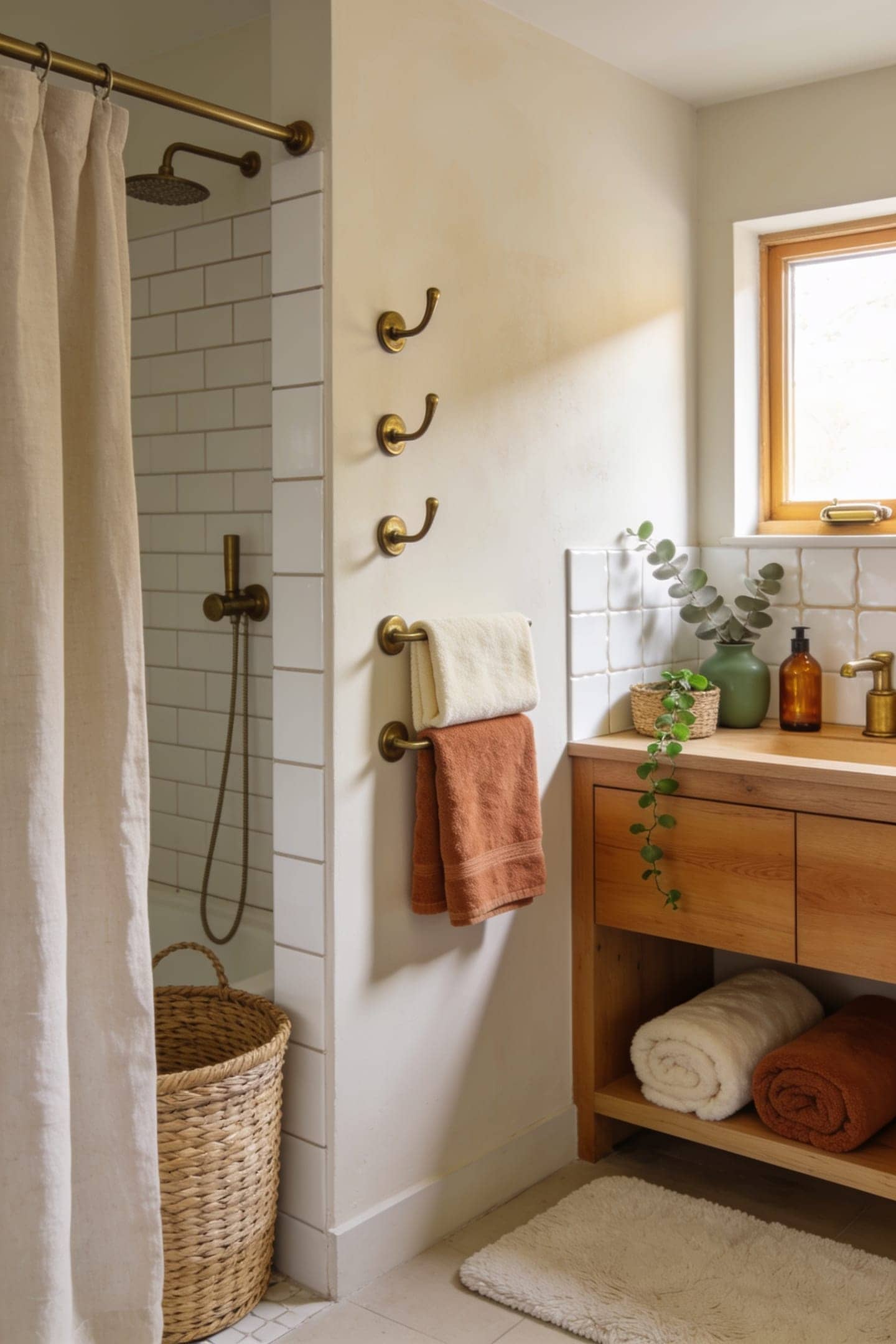 adhesive hooks holding towels on a small bathroom wall