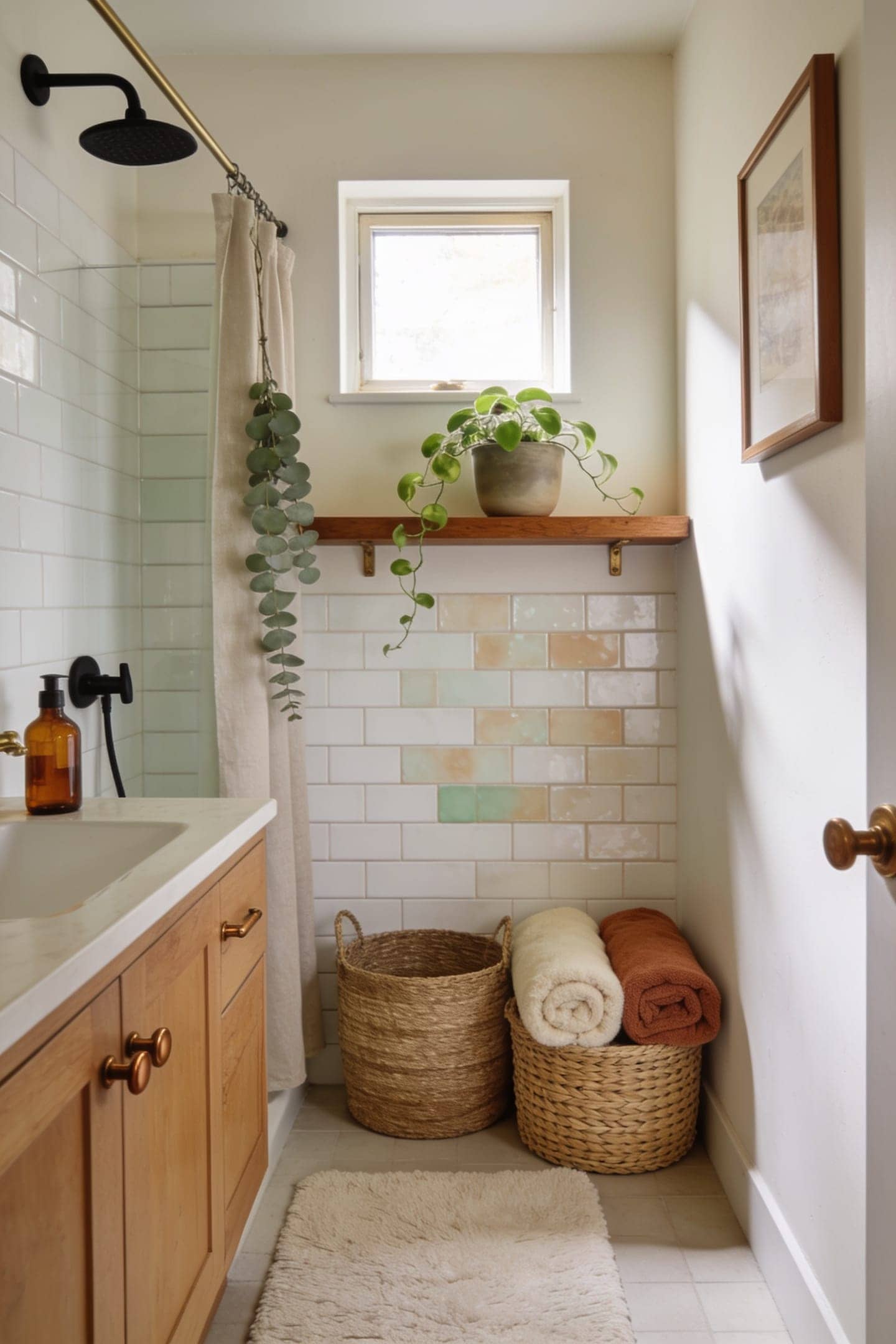 small trailing plant thriving on a shelf in a humid bathroom