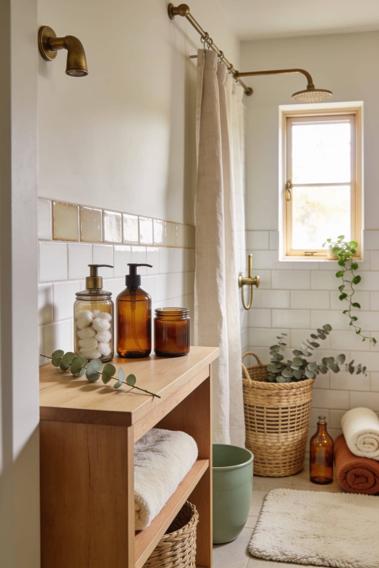 matching amber soap dispenser and jars unifying a bathroom vanity