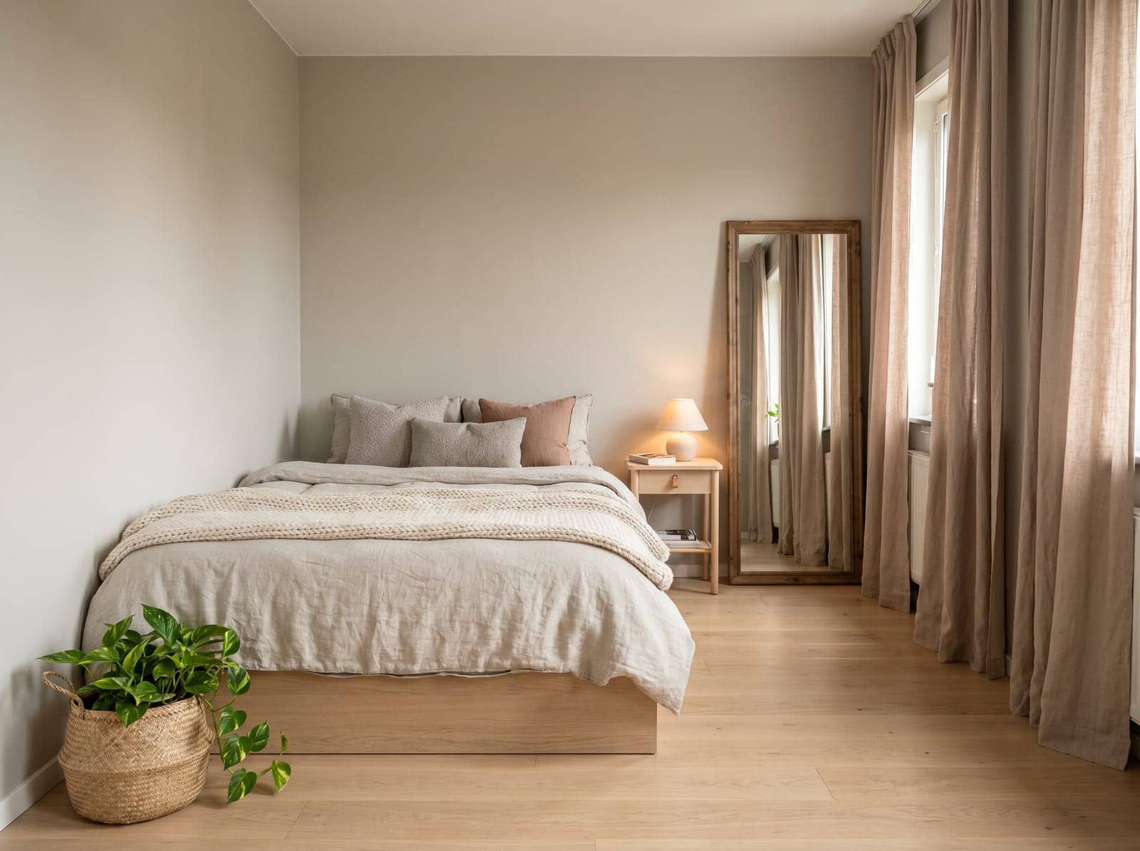 calm small bedroom, neutral tones