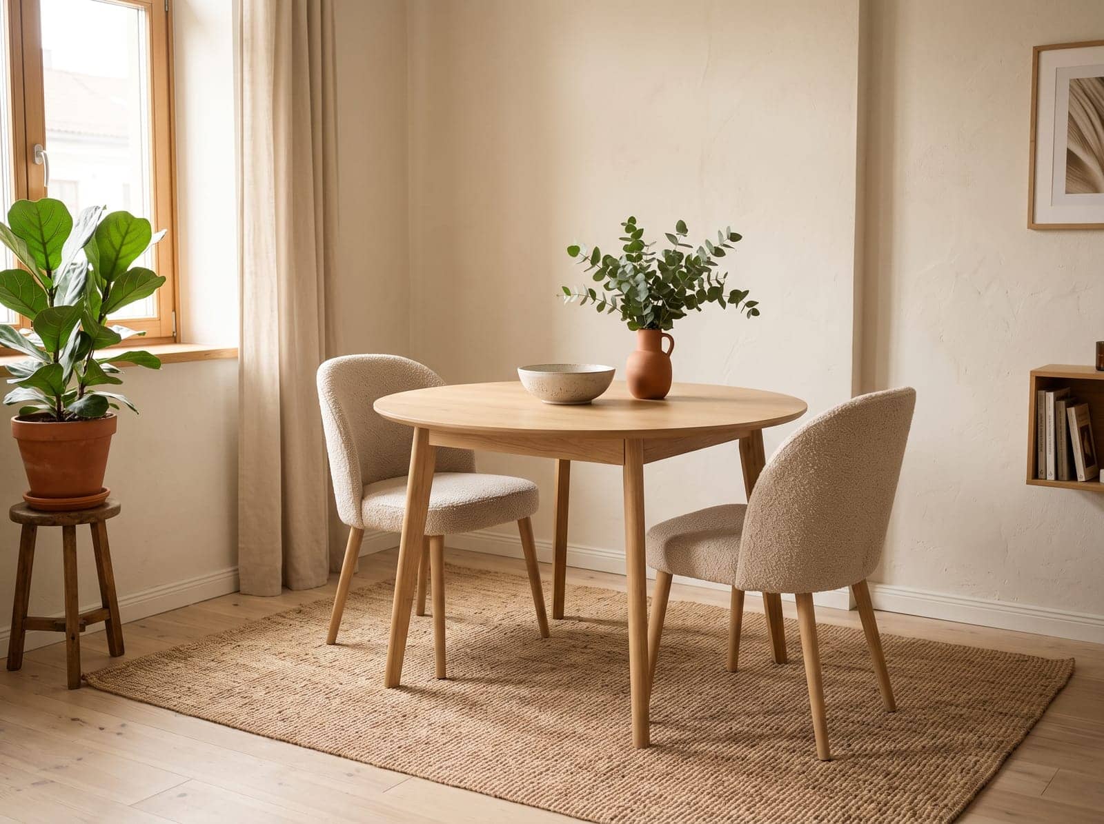 small dining nook with a round wood table and two upholstered chairs