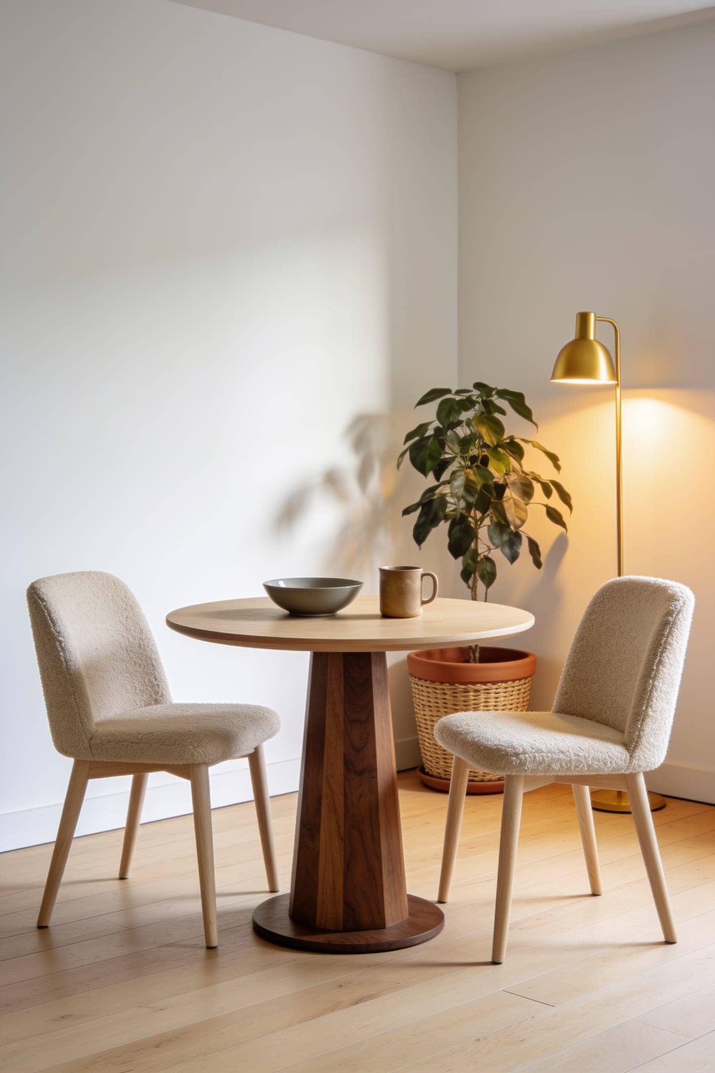 small round wood dining table with two chairs in a corner
