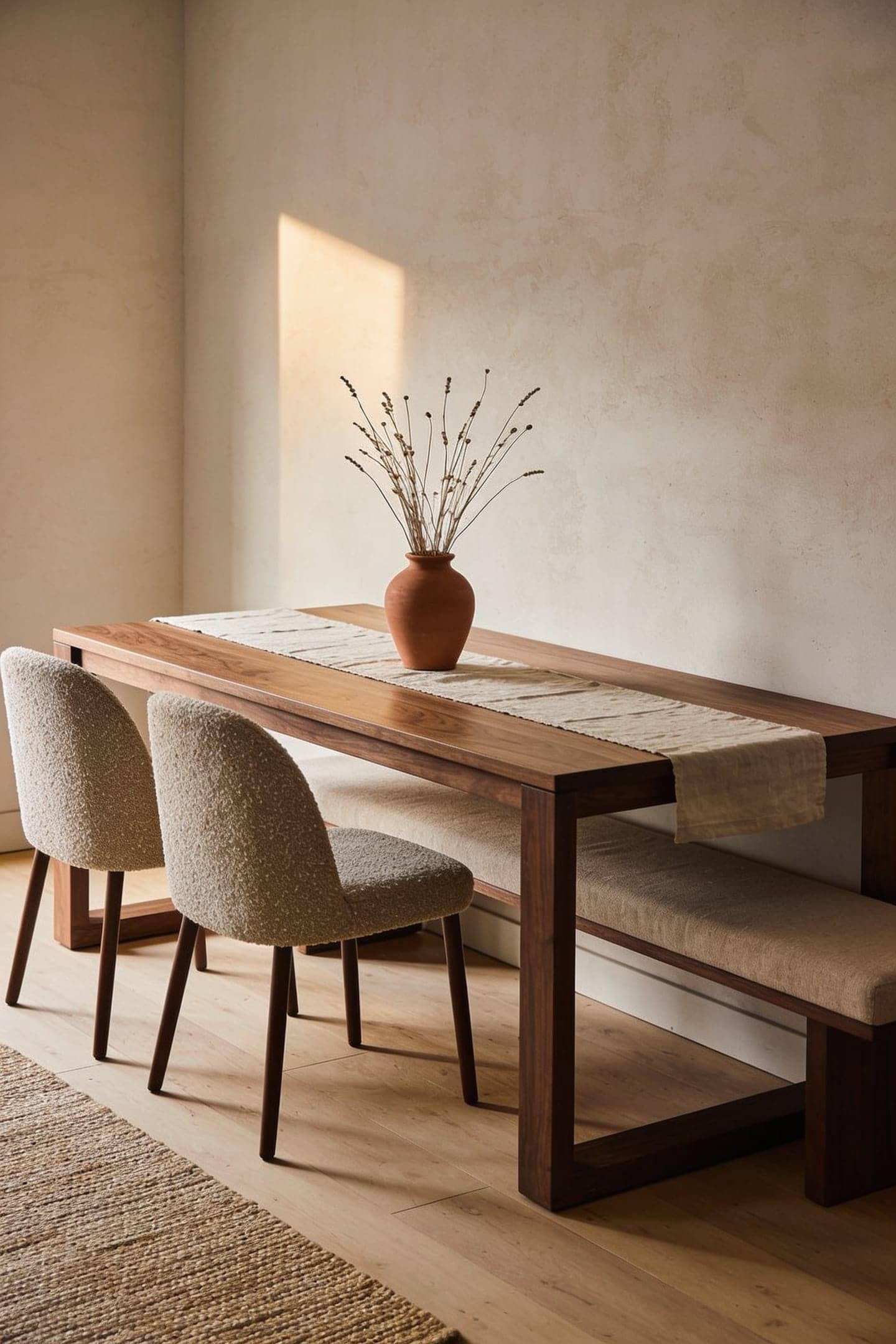 dining bench tucked fully under a table pushed against a wall
