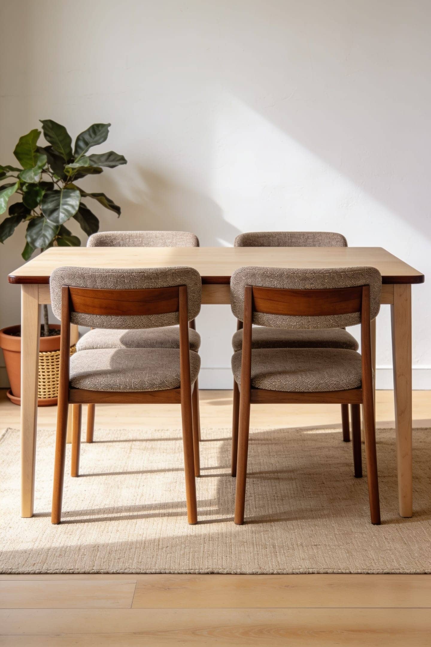 dining chairs tucked fully under a small table with clear floor around