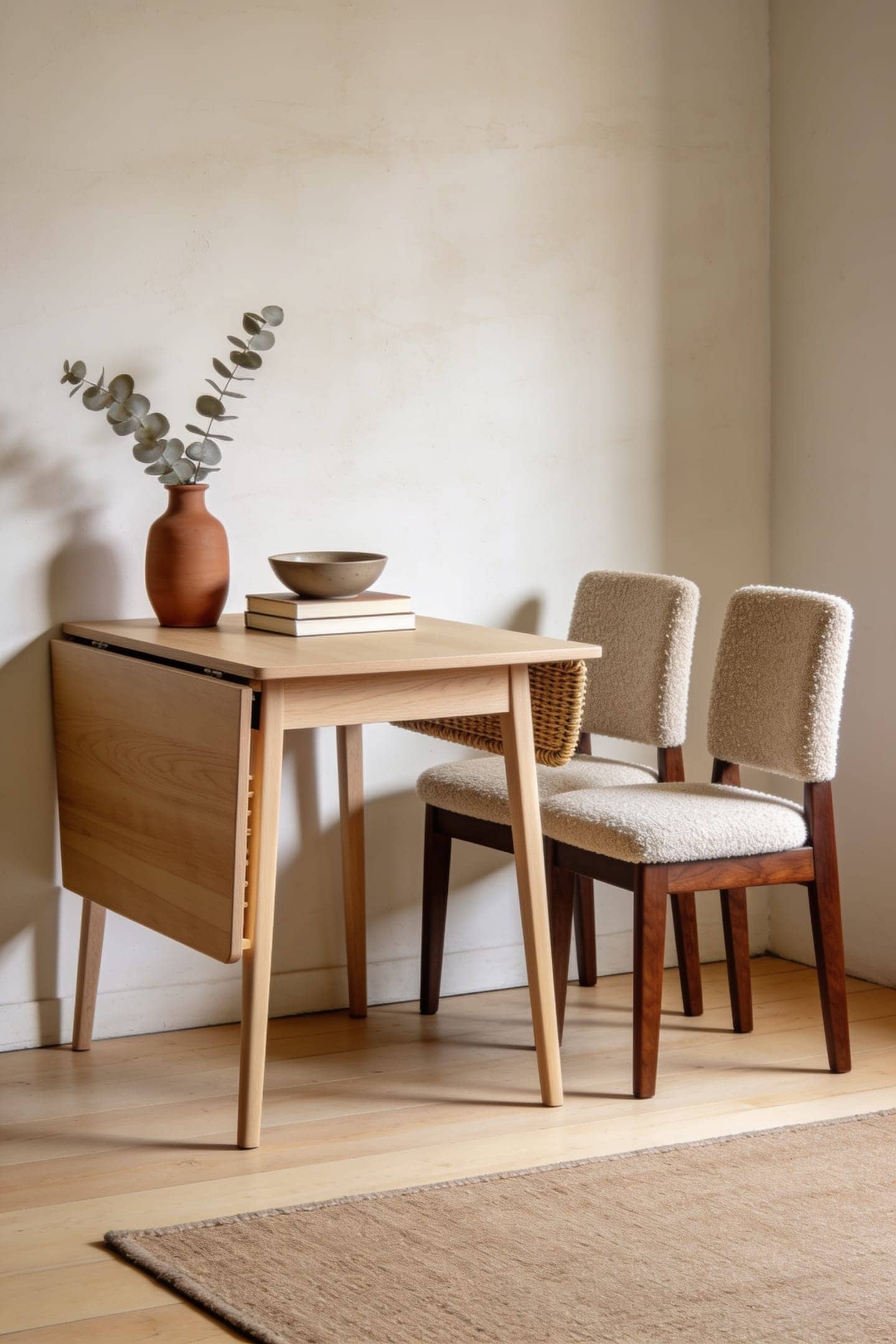 drop leaf dining table with one leaf folded down against a wall