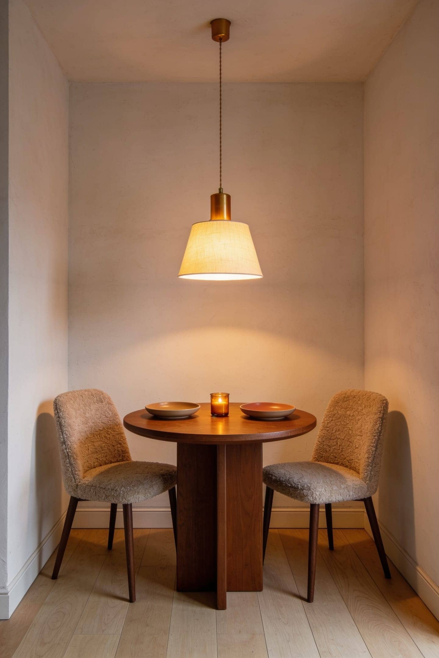 small pendant light hanging low over a dining table in a corner