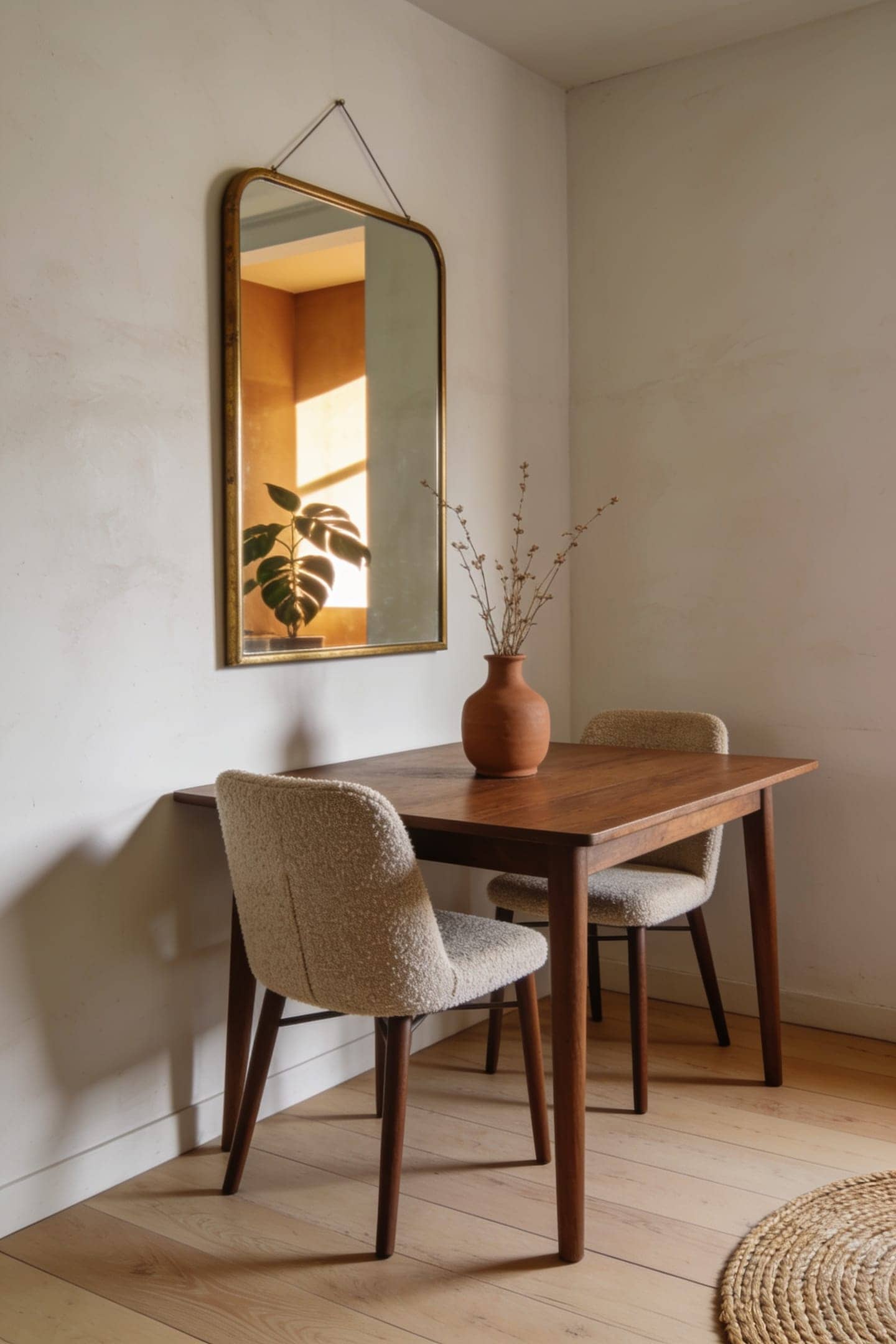 large mirror on the wall beside a small dining table reflecting daylight