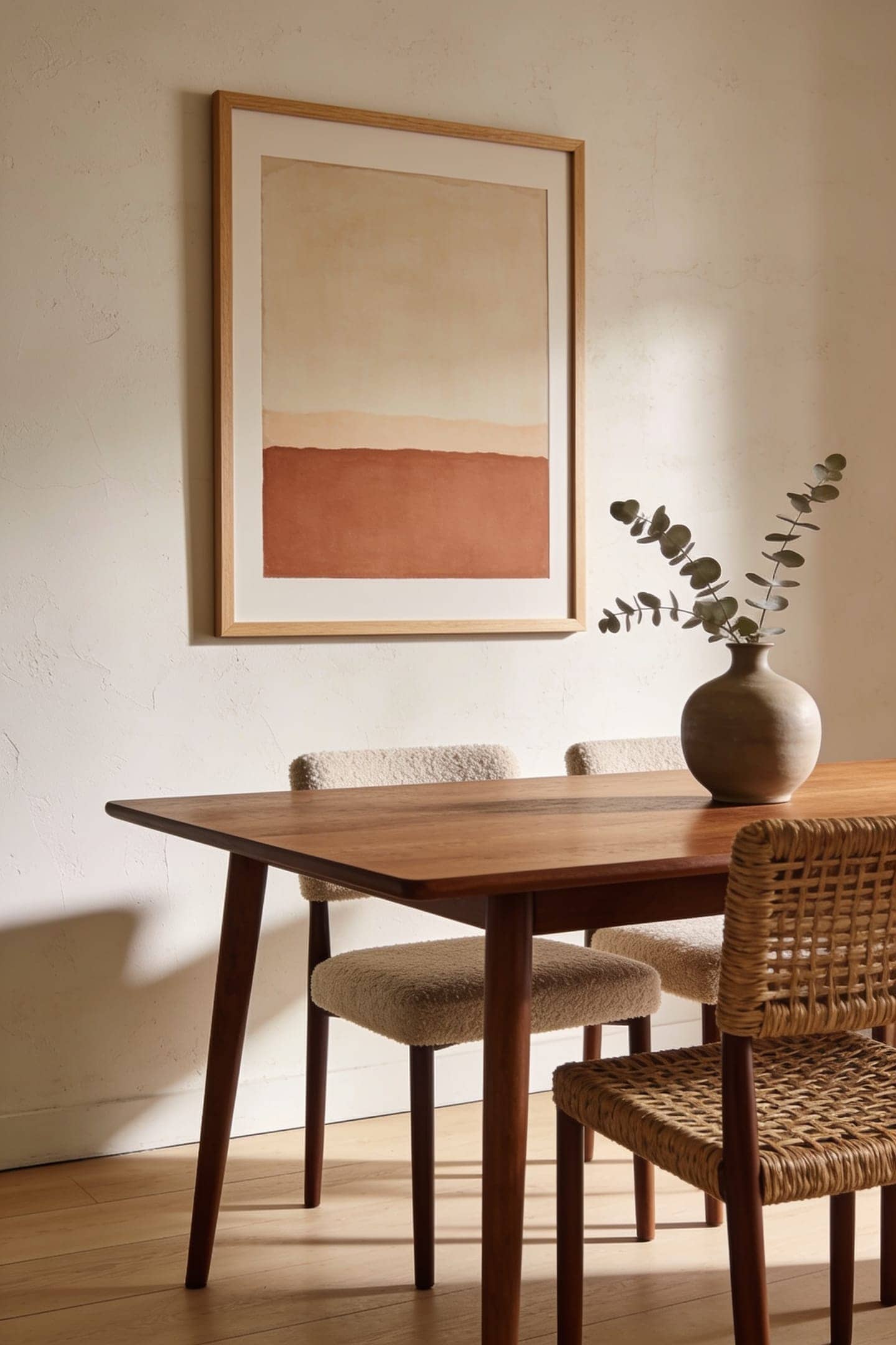 single oversized framed art piece on a dining room wall