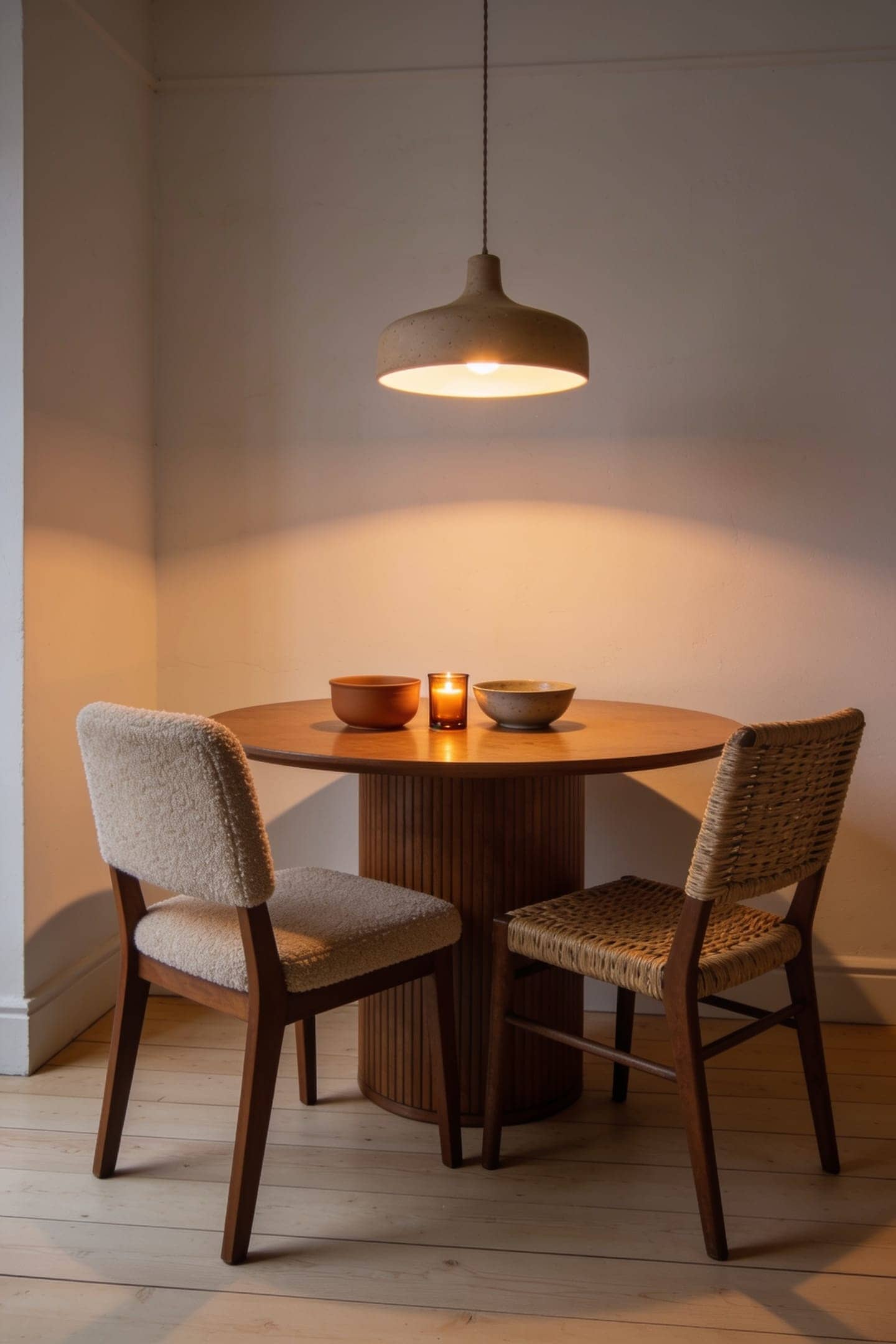 warm dimmed light over a small dining table at night with candles