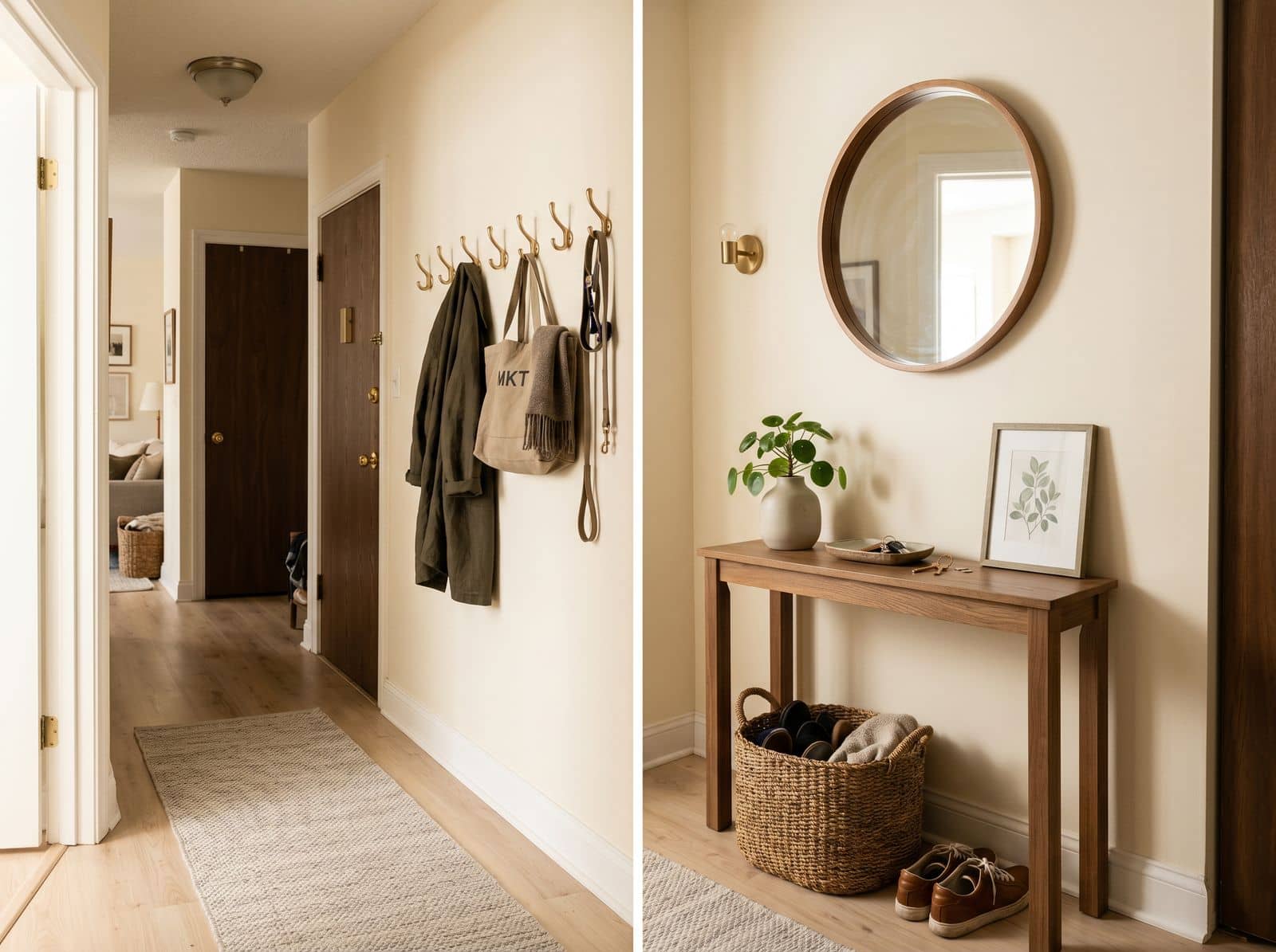 small apartment entryway with a narrow console, mirror and runner by the door