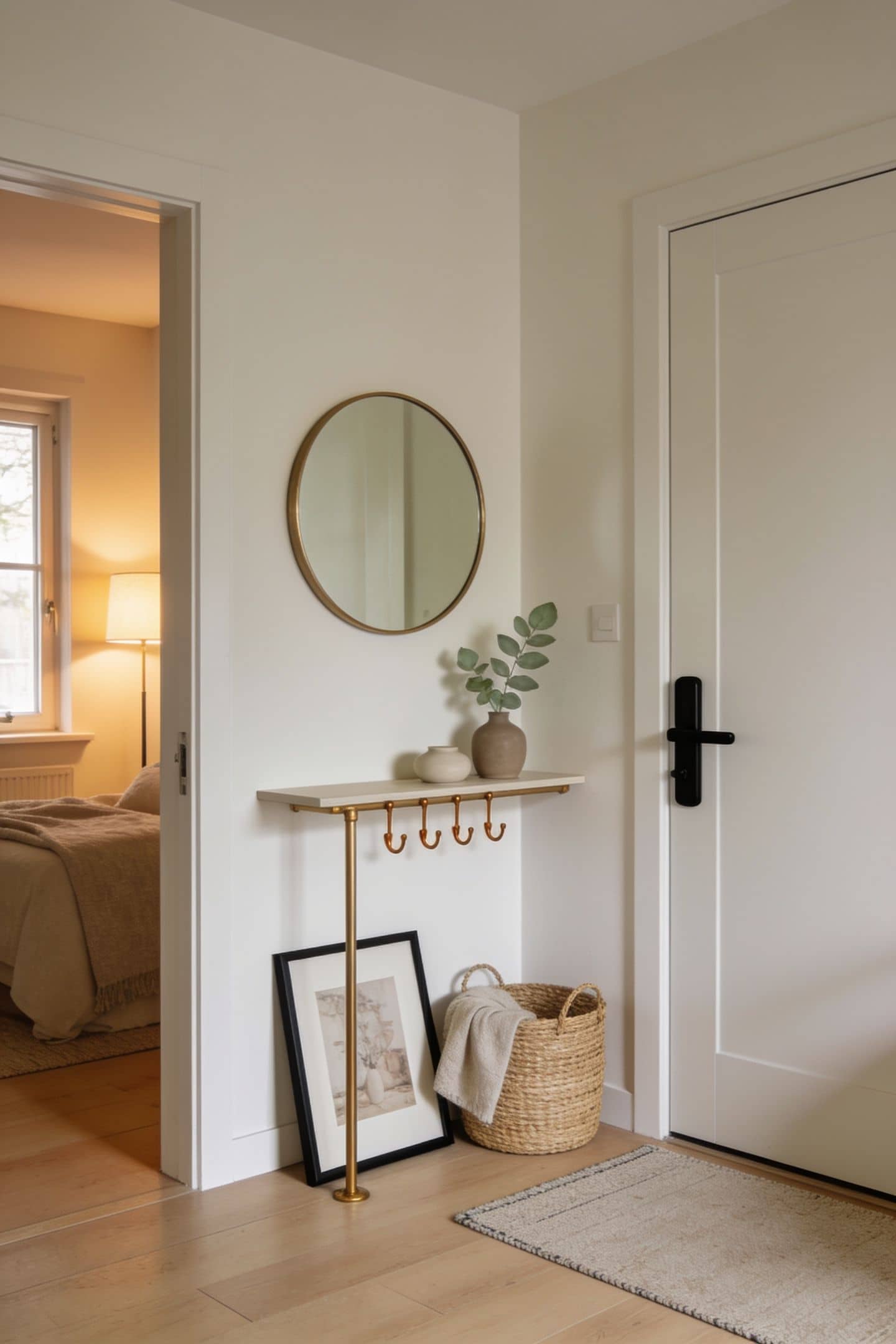 bare apartment wall by the front door turned into a small entry zone with rug, console and mirror