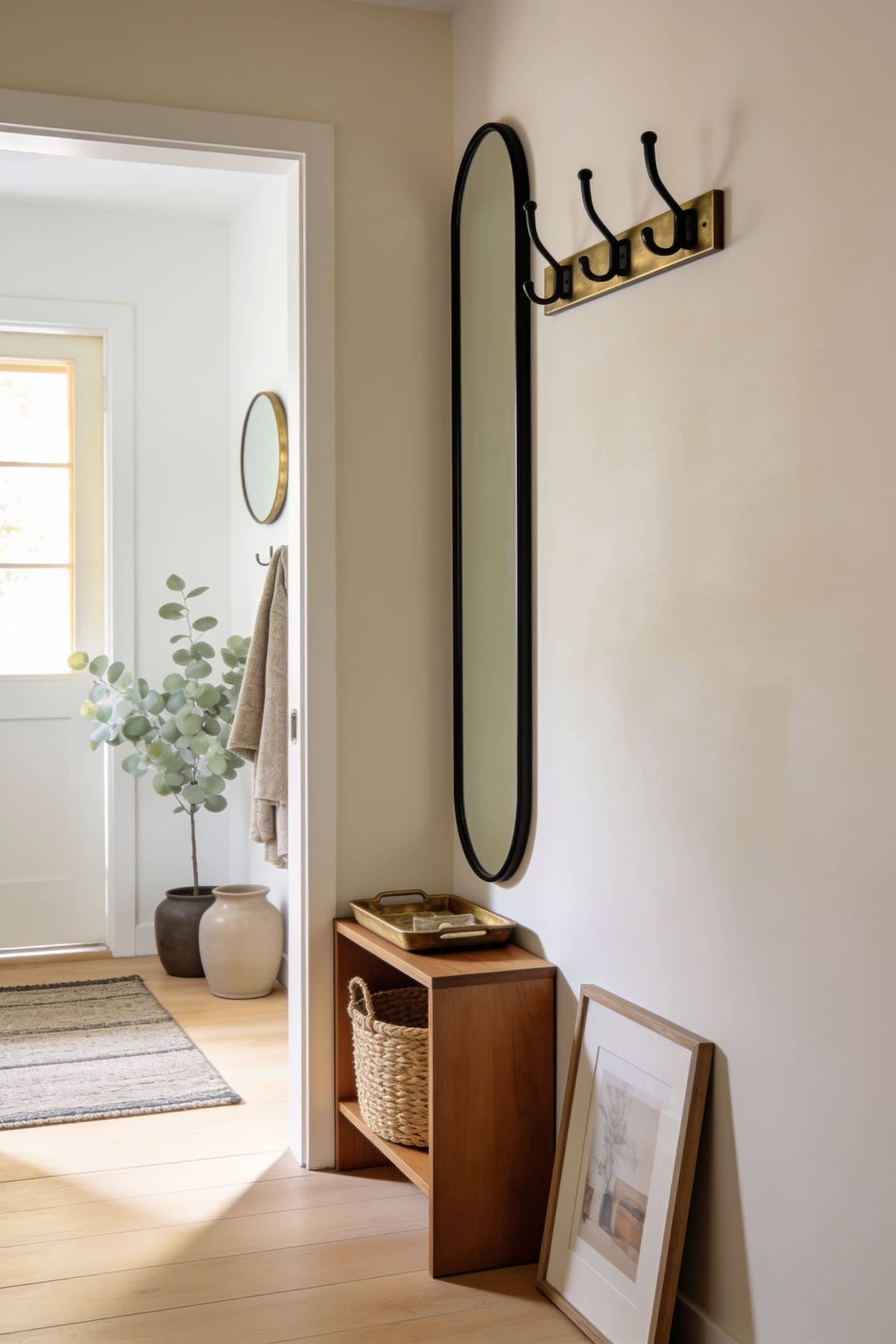 narrow console table only ten inches deep against an entryway wall