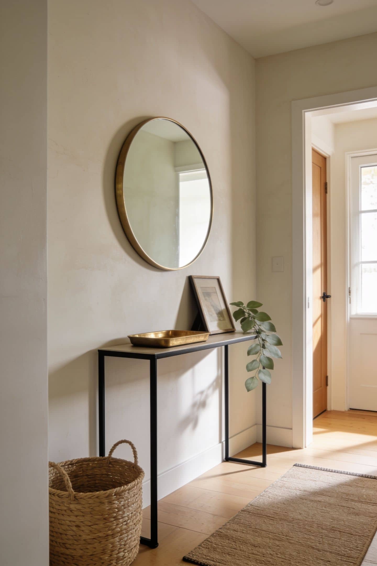 round mirror hung above an entryway console reflecting light into a dark hall