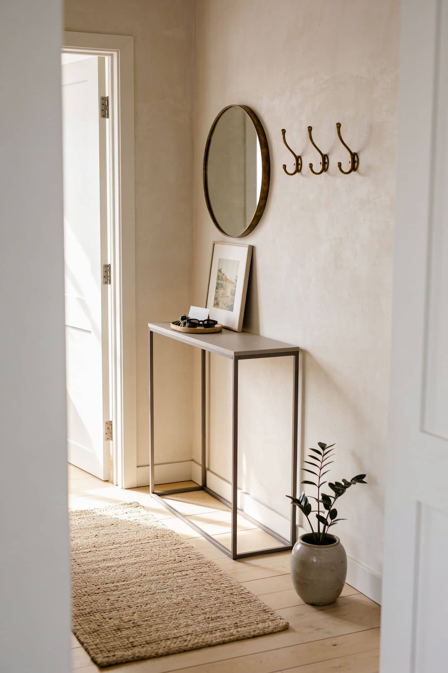 catchall tray on an entryway console holding keys, sunglasses and a card
