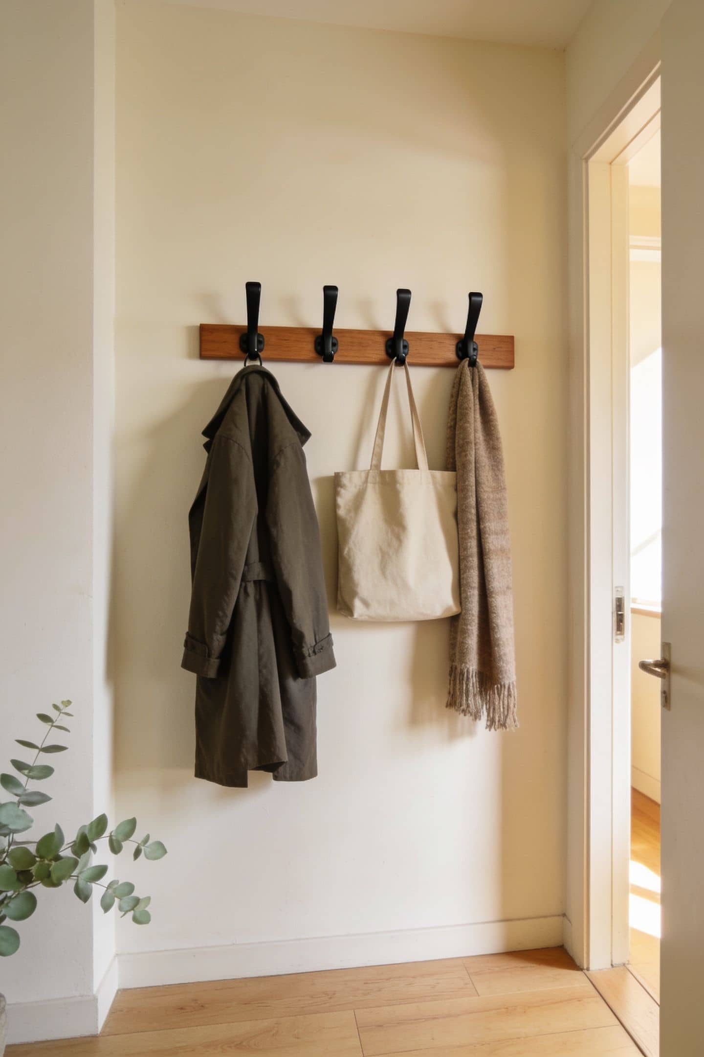 row of wall mounted hooks by an apartment door holding a coat and a tote bag