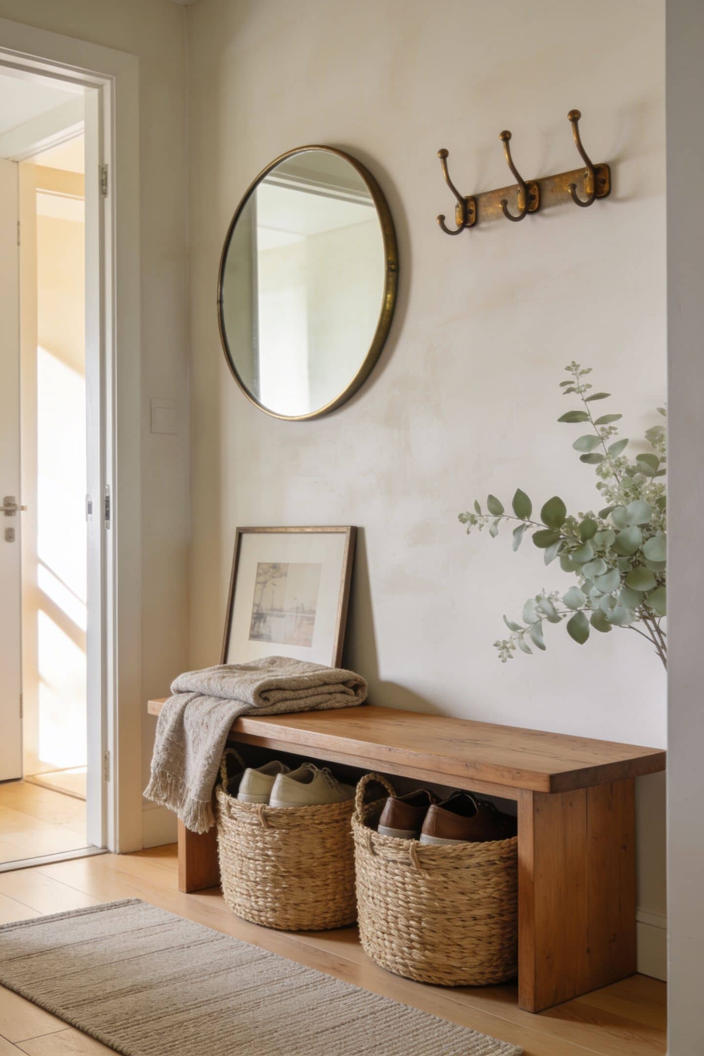 low bench with woven baskets underneath holding shoes by an entryway