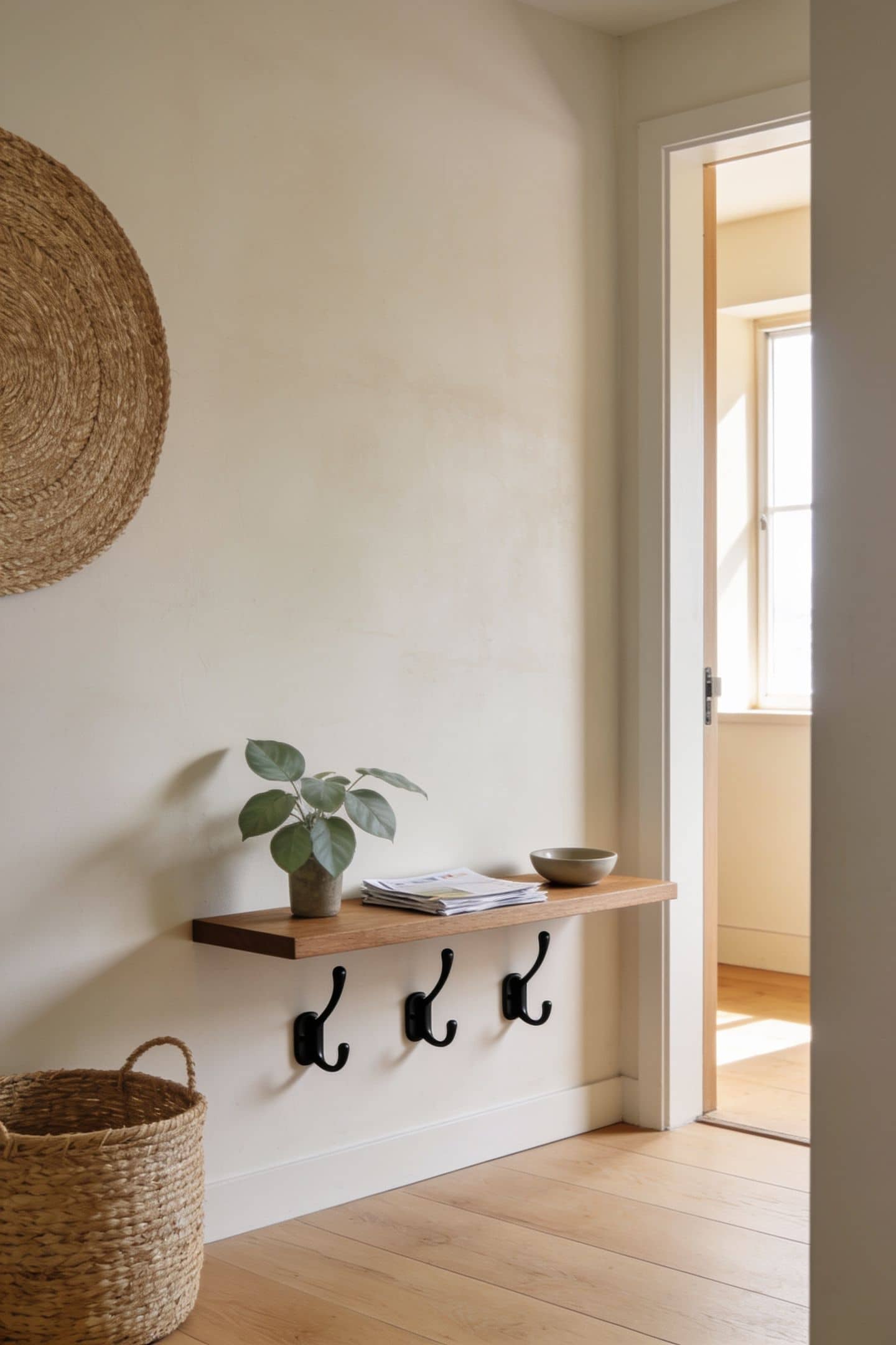 floating shelf mounted above an entryway console holding a small plant and mail