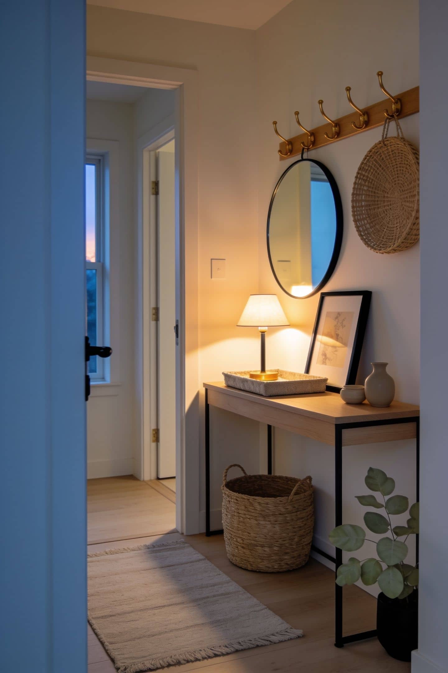 small warm table lamp glowing on an entryway console at dusk