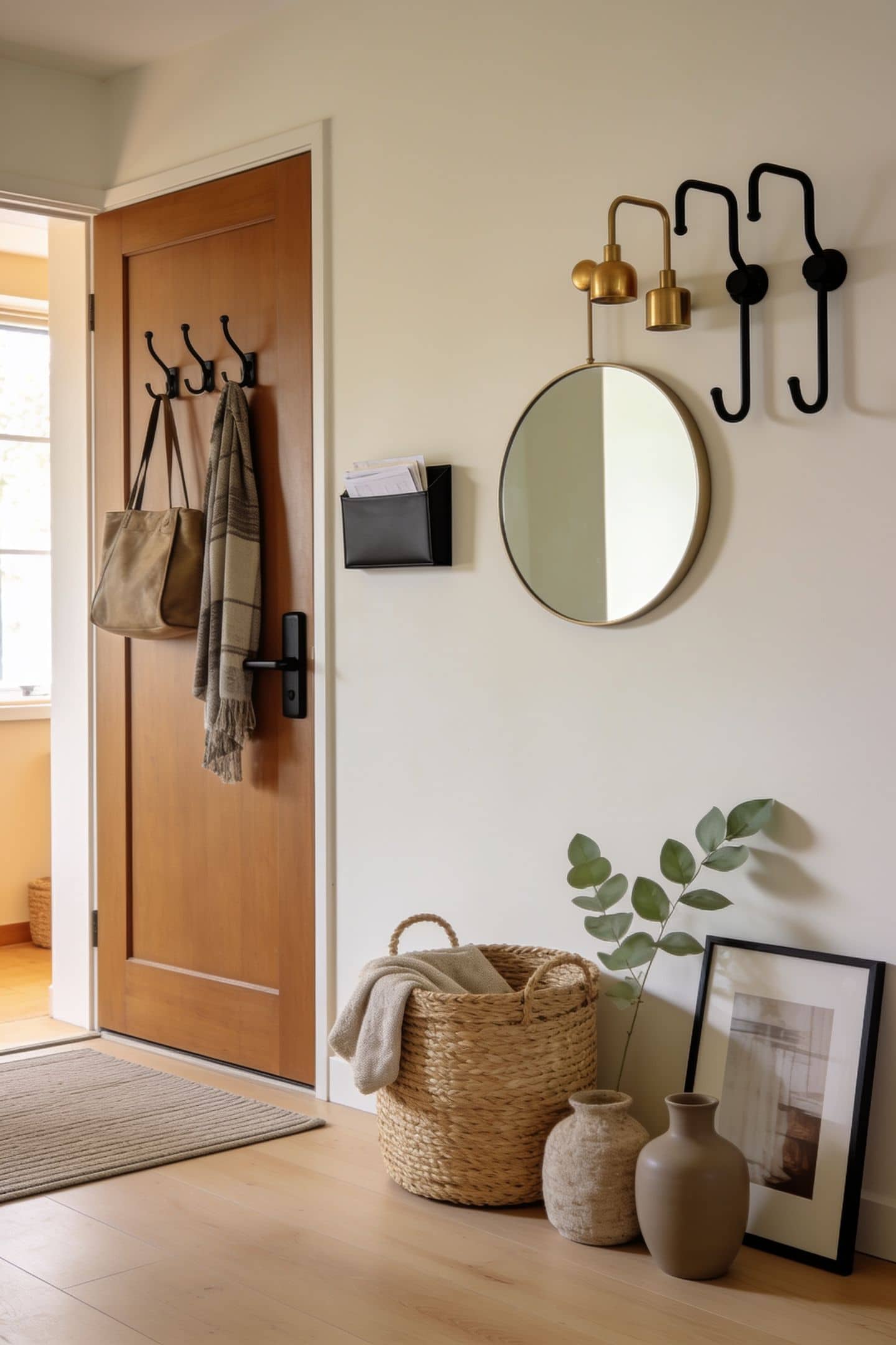 over the door hooks and a slim mail pocket on the back of an apartment door