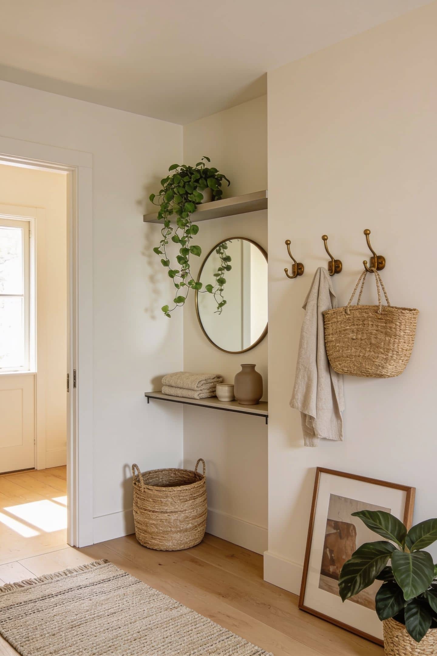 single trailing plant on an entryway shelf softening the corner
