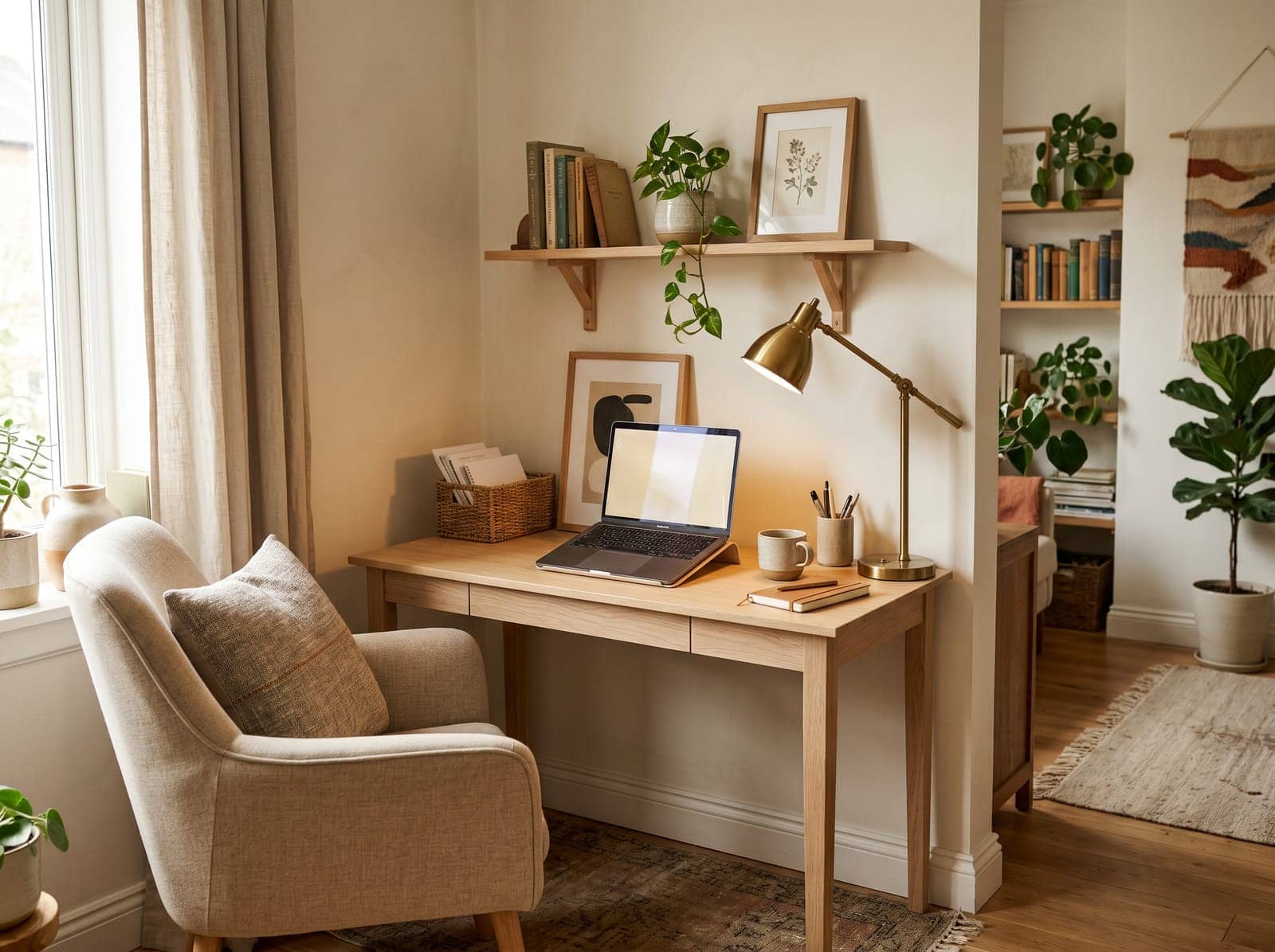 small home office set up in the corner of an apartment with a narrow desk, shelf and warm lamp