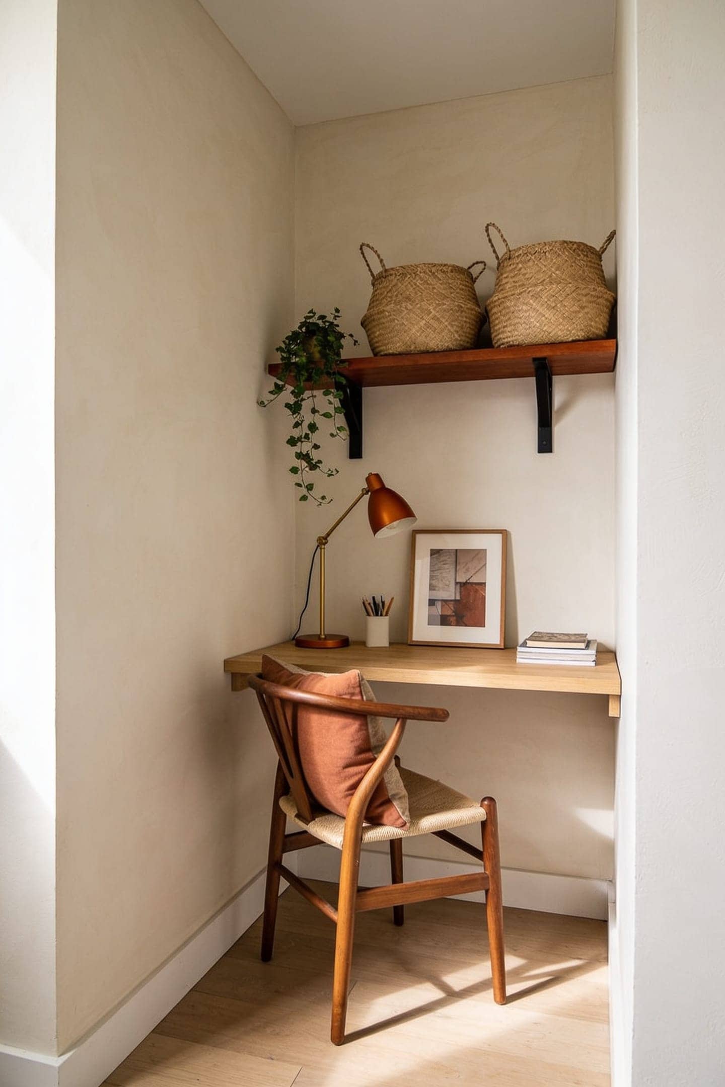 empty apartment corner turned into a small work zone with a desk against two walls