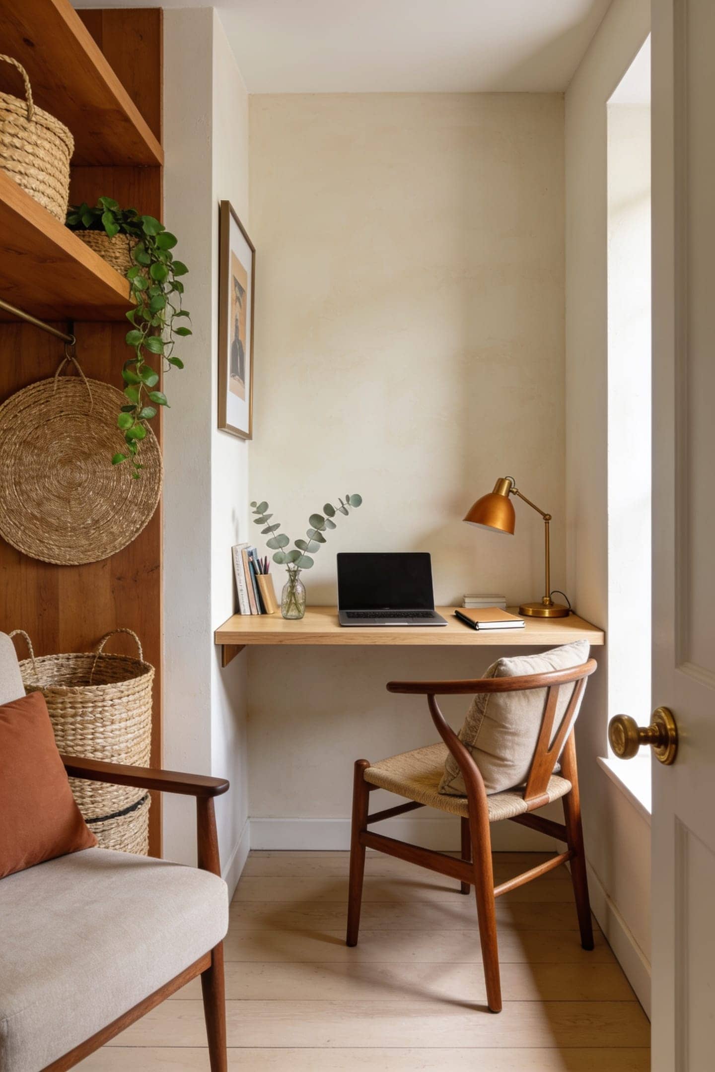 narrow writing desk only eighteen inches deep against a small apartment wall
