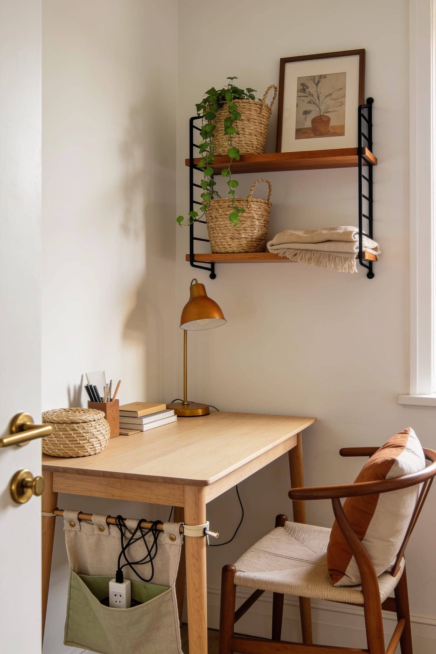 small desk with cords routed and clipped neatly out of sight underneath