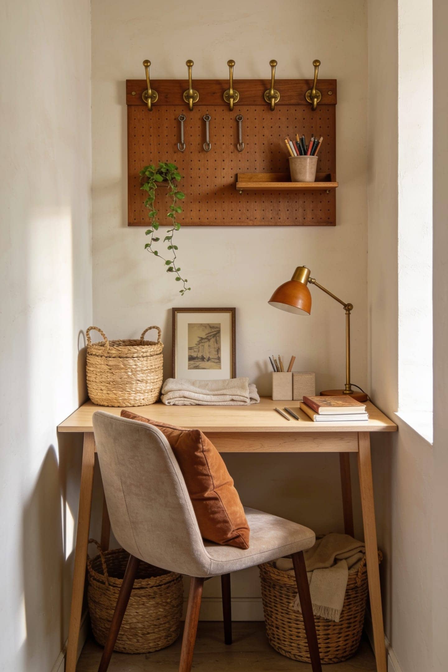 pegboard mounted on the wall above a small desk holding supplies and a small plant
