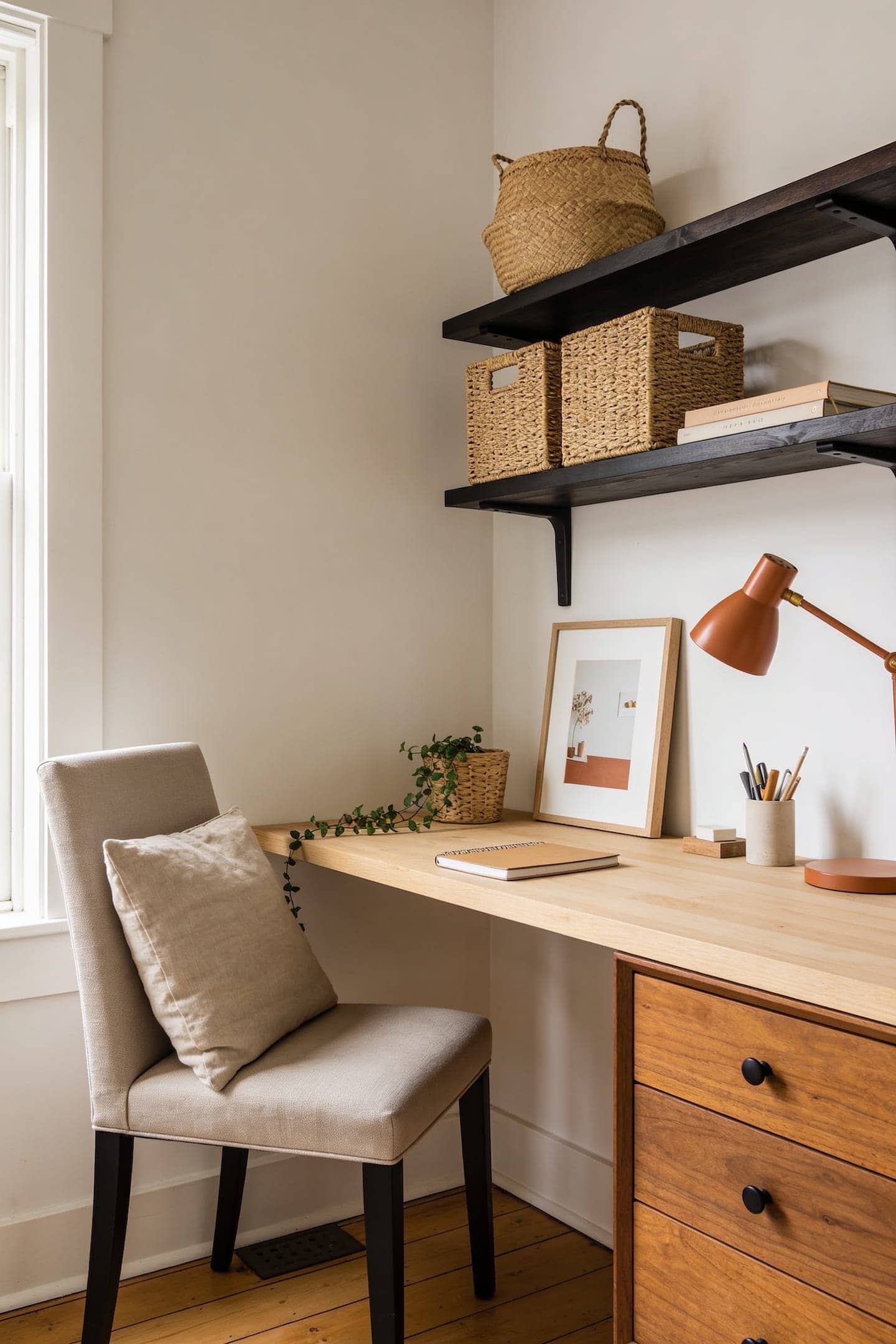 slim cushioned chair pulled up to a small apartment desk that blends with the room