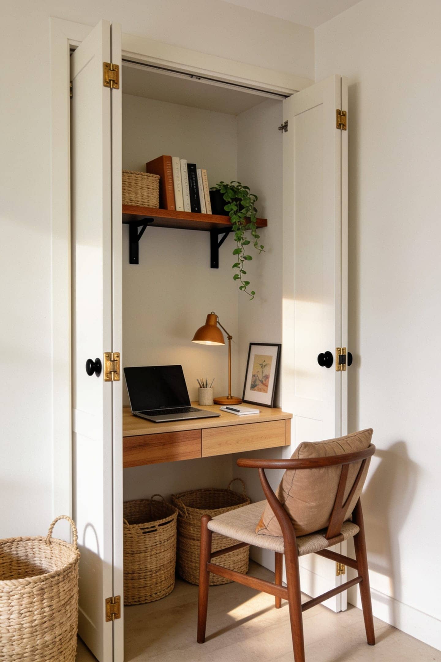 small closet turned into a home office with the desk tucked behind doors