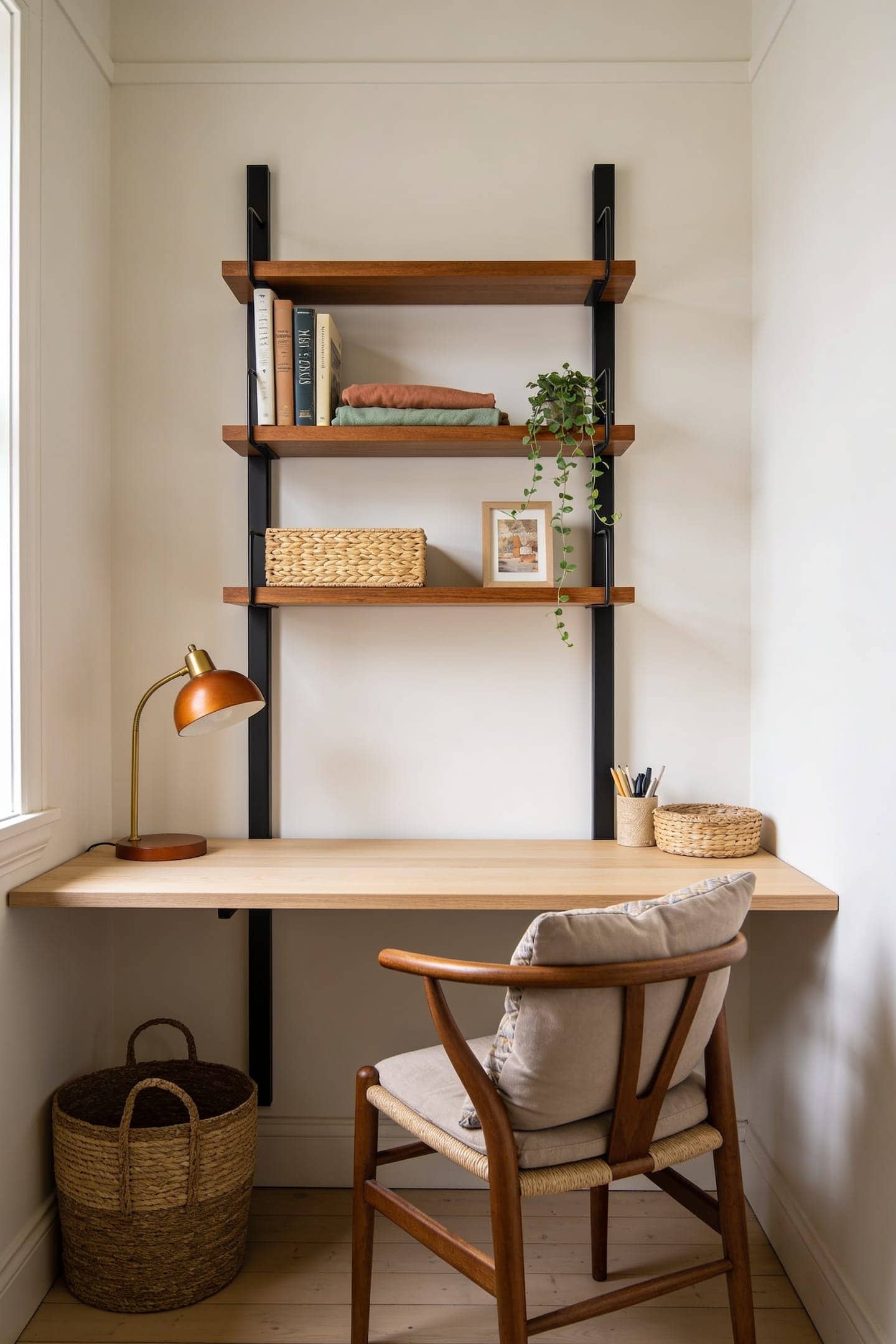 tidy styled shelf behind a desk framed for a video call with books and a plant