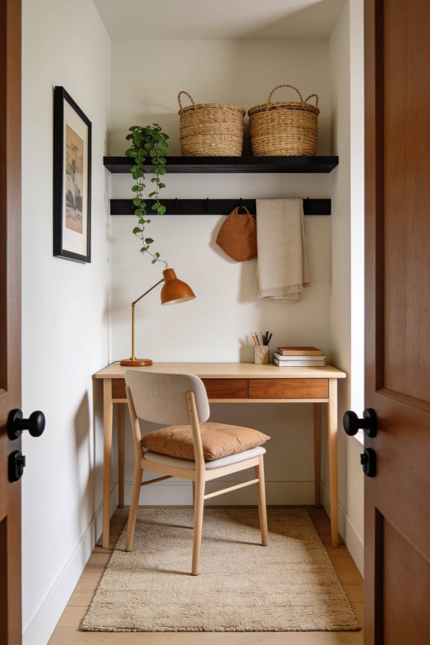 small flatweave rug under a desk and chair defining a work area in a larger room