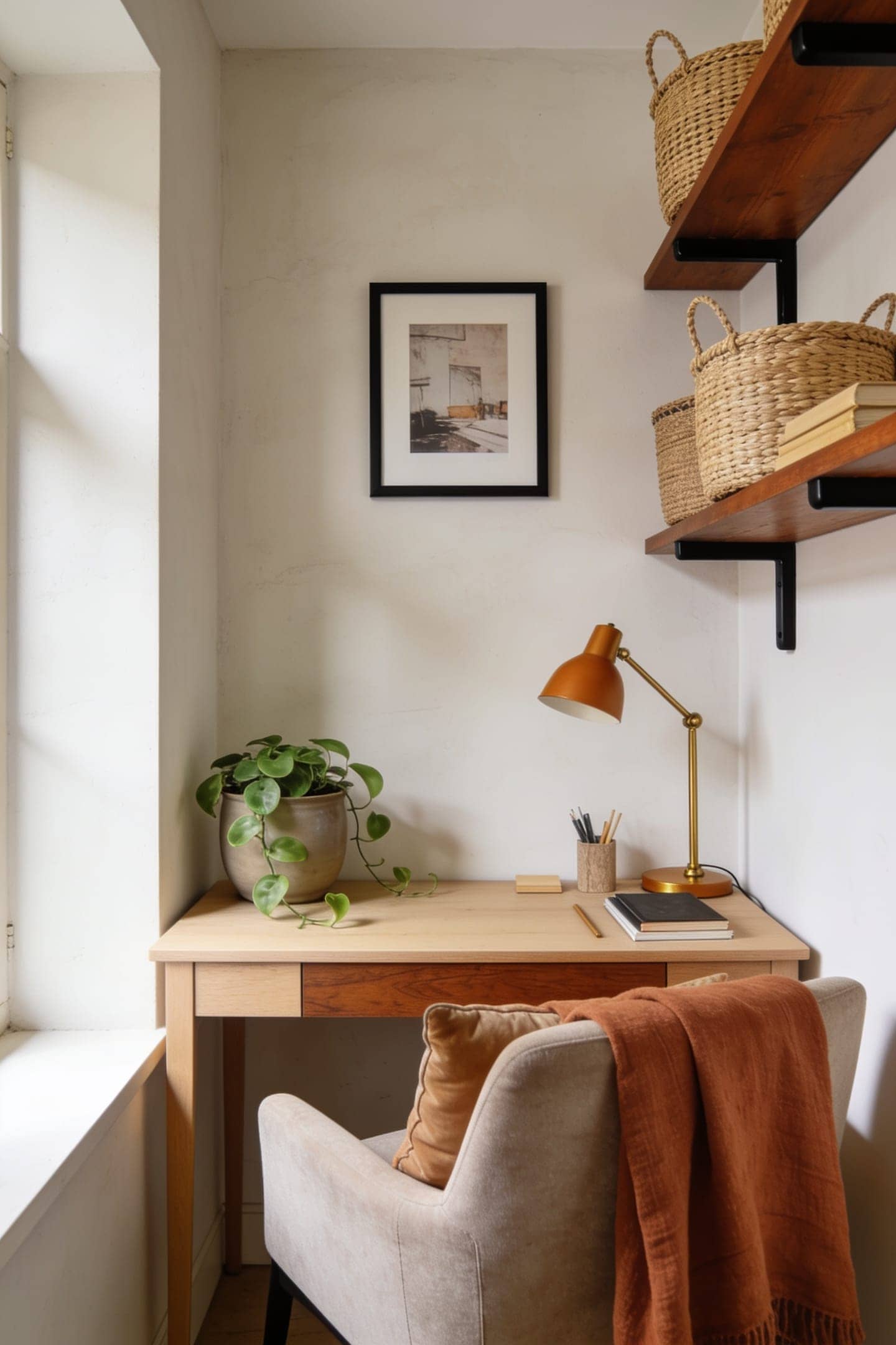 small home office corner softened with a trailing plant, framed print and a warm textile