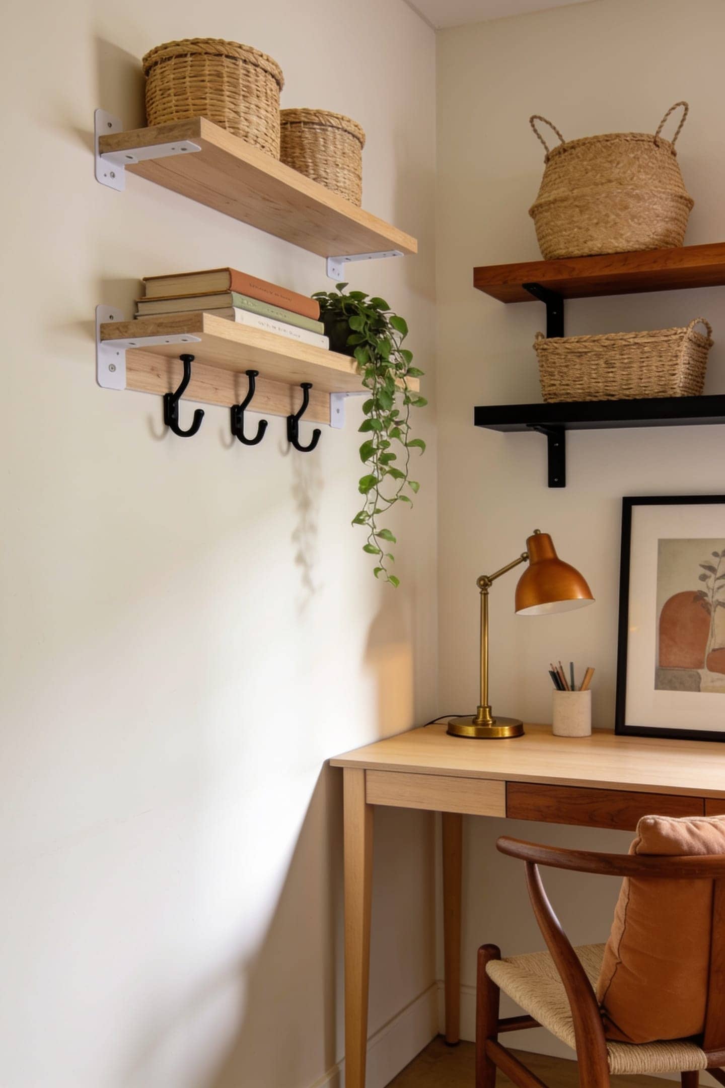 small rental home office corner set up with no-drill shelves and removable decor