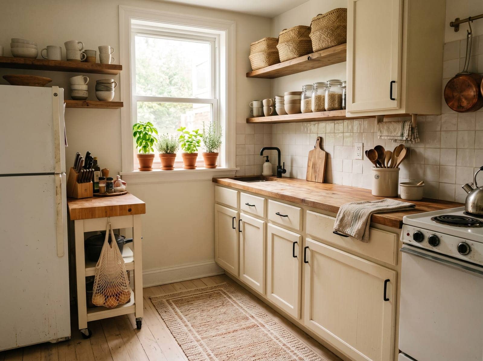 small rental kitchen with a rolling cart, a runner rug and warm under-cabinet light