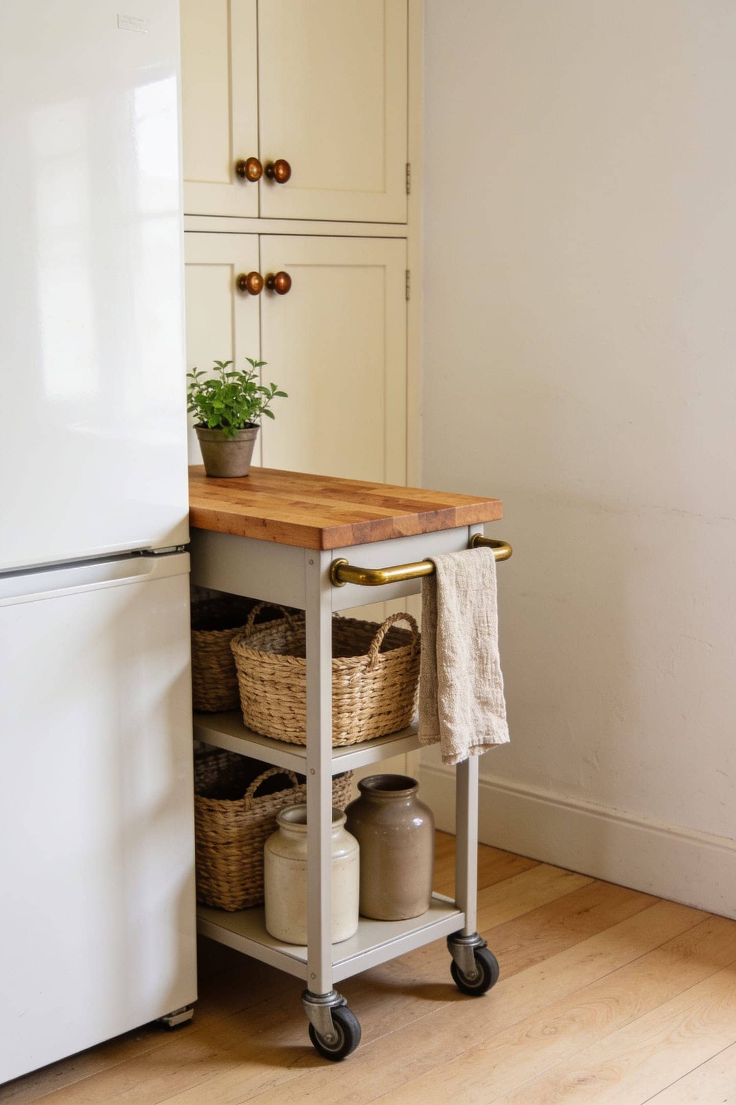 narrow rolling kitchen cart with a wood top tucked beside a fridge in a small kitchen