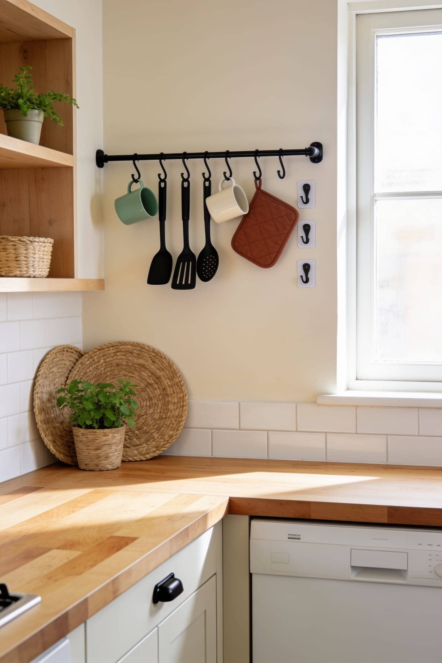 tension rod and adhesive hooks holding utensils on a small kitchen wall