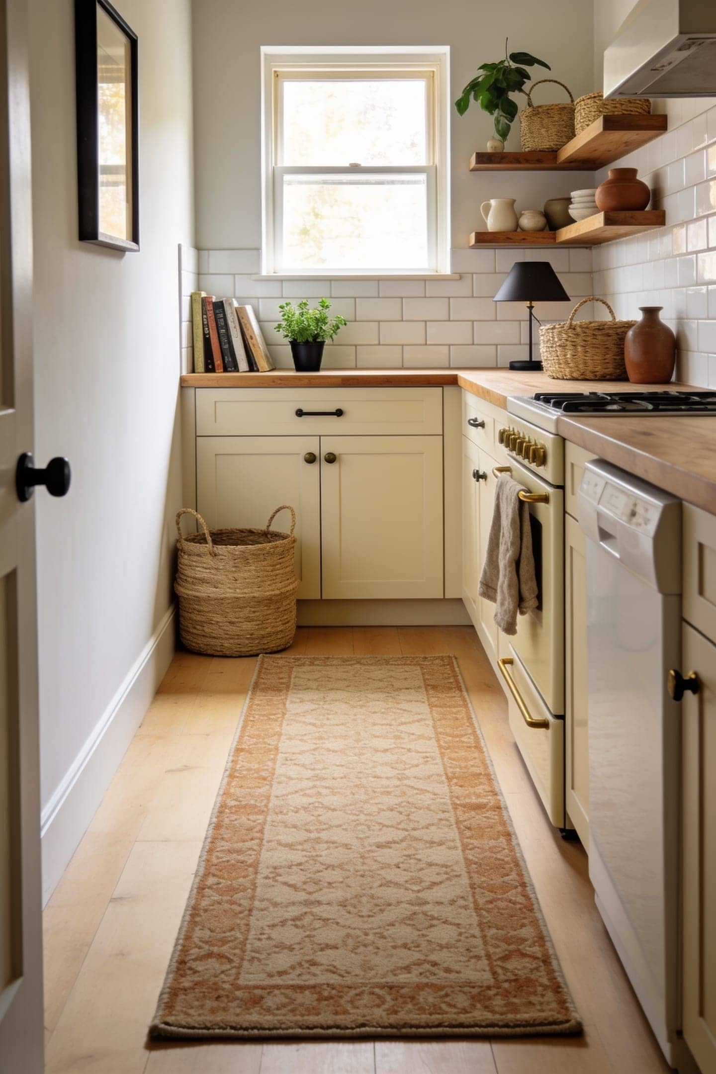 washable runner rug warming the floor of a small galley kitchen