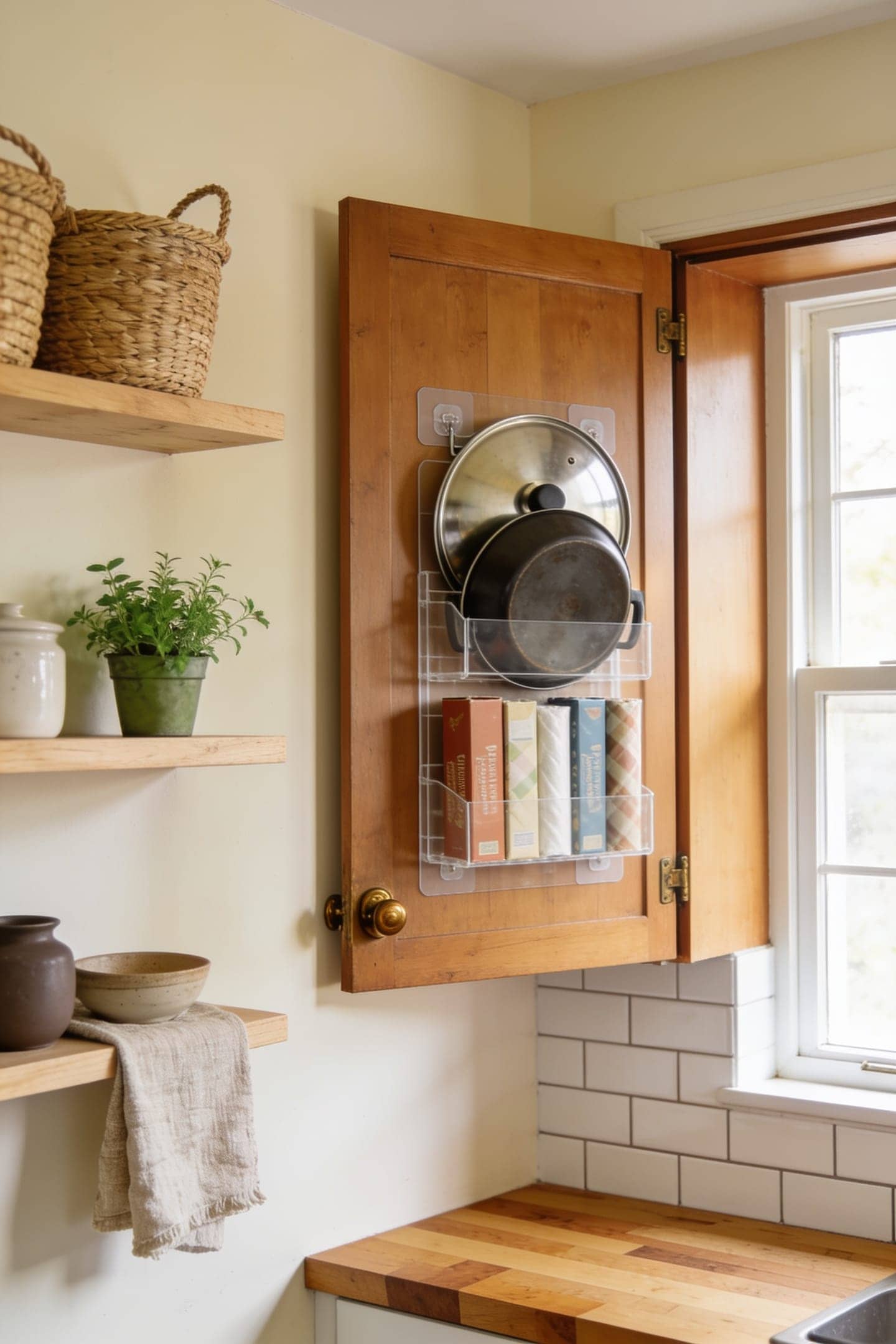 adhesive organizers on the inside of a kitchen cabinet door holding lids and wraps